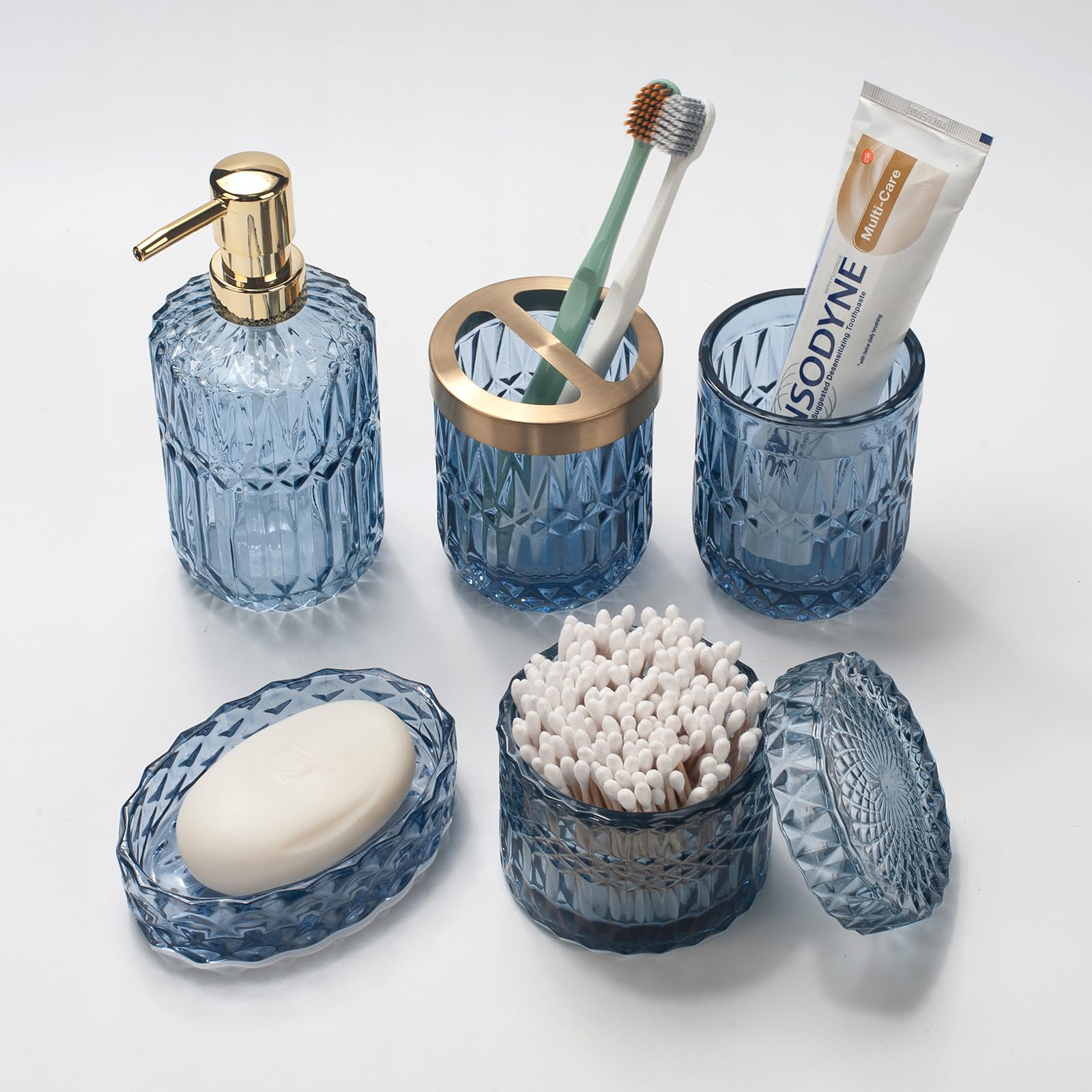 5-Piece Blue Glass Bathroom Accessories Set – Vintage Diamond Cut