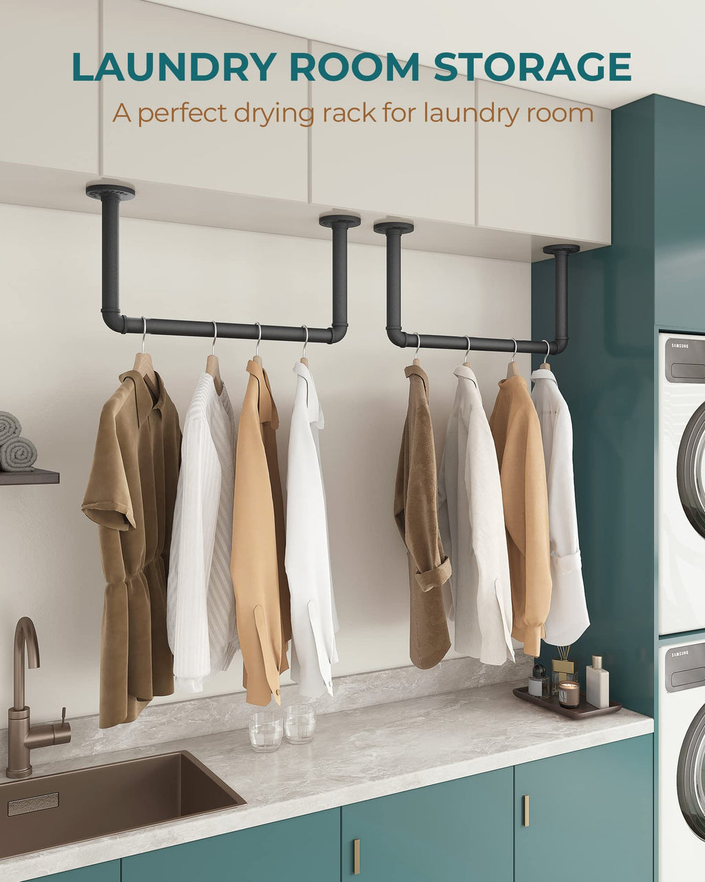 OROPY Set of 2 Wall Mounted Clothes Rail, 49cm Industrial Pipe Clothes Rack - image 4