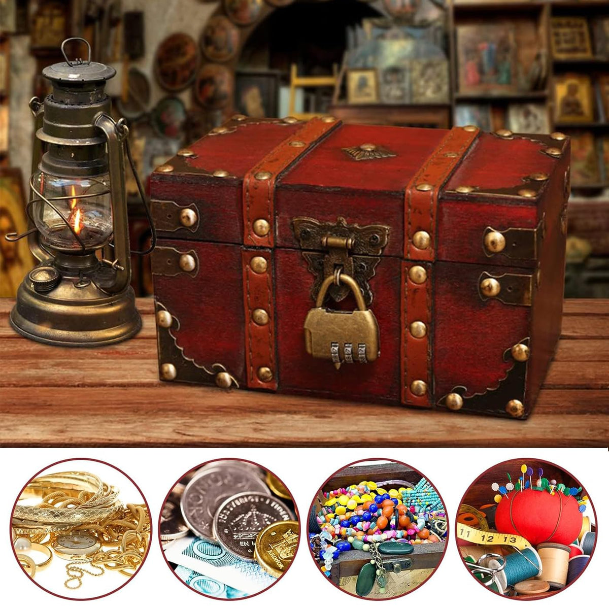 AOTOPYU Treasure Chest Children's Birthday Pirate Chest Gift Box Lockable with Lid and Lock Wooden Chest M: 22 x 15 x 14 cm