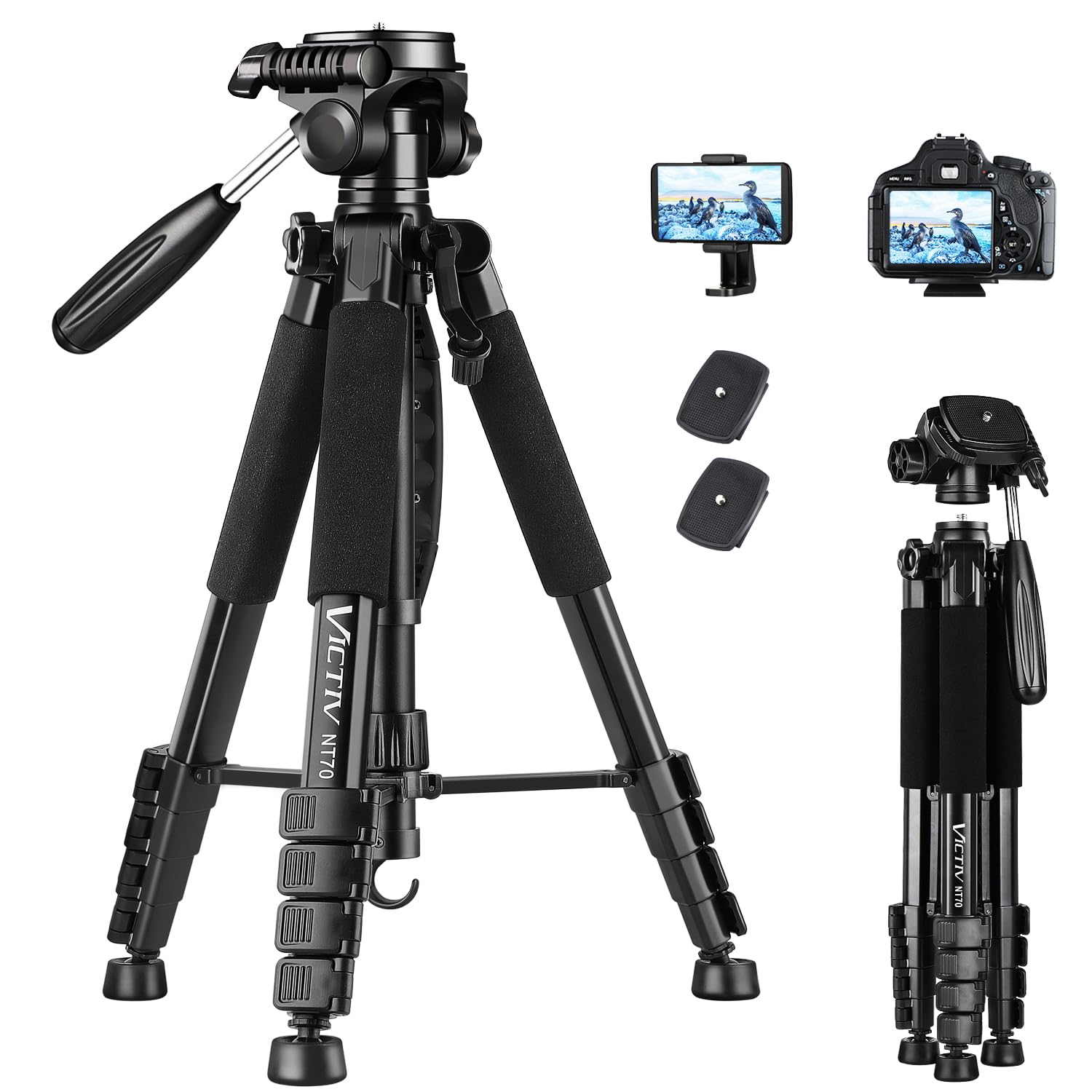 Victiv 73" Aluminum Camera Tripod | Lightweight DSLR Stand with 3-Way Pan Head