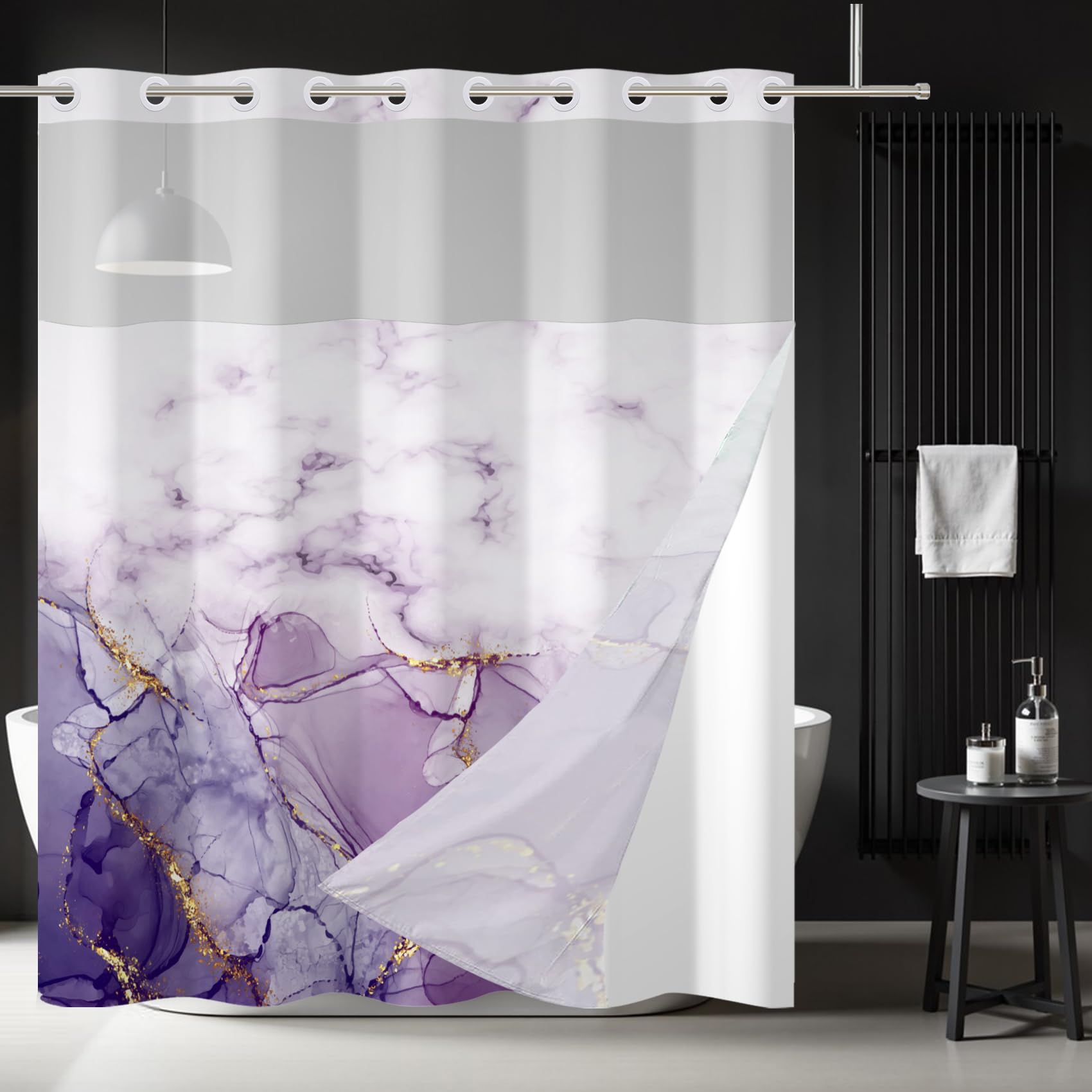 Ttincceer Marble Hookless Shower Curtain with Snap-in Liner – 71x86