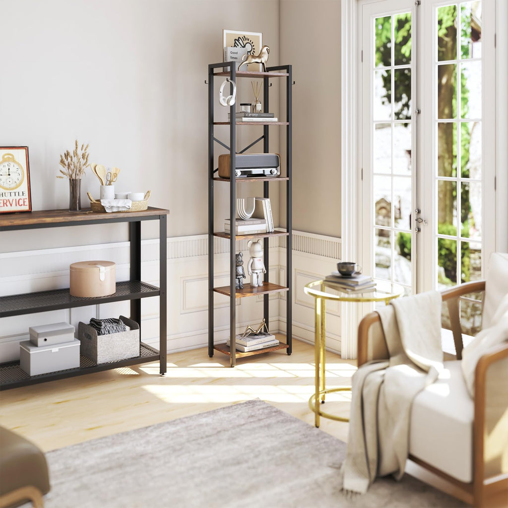 YMYNY 6-Tier Industrial Bookshelf – Rustic Storage Rack with Steel Frame