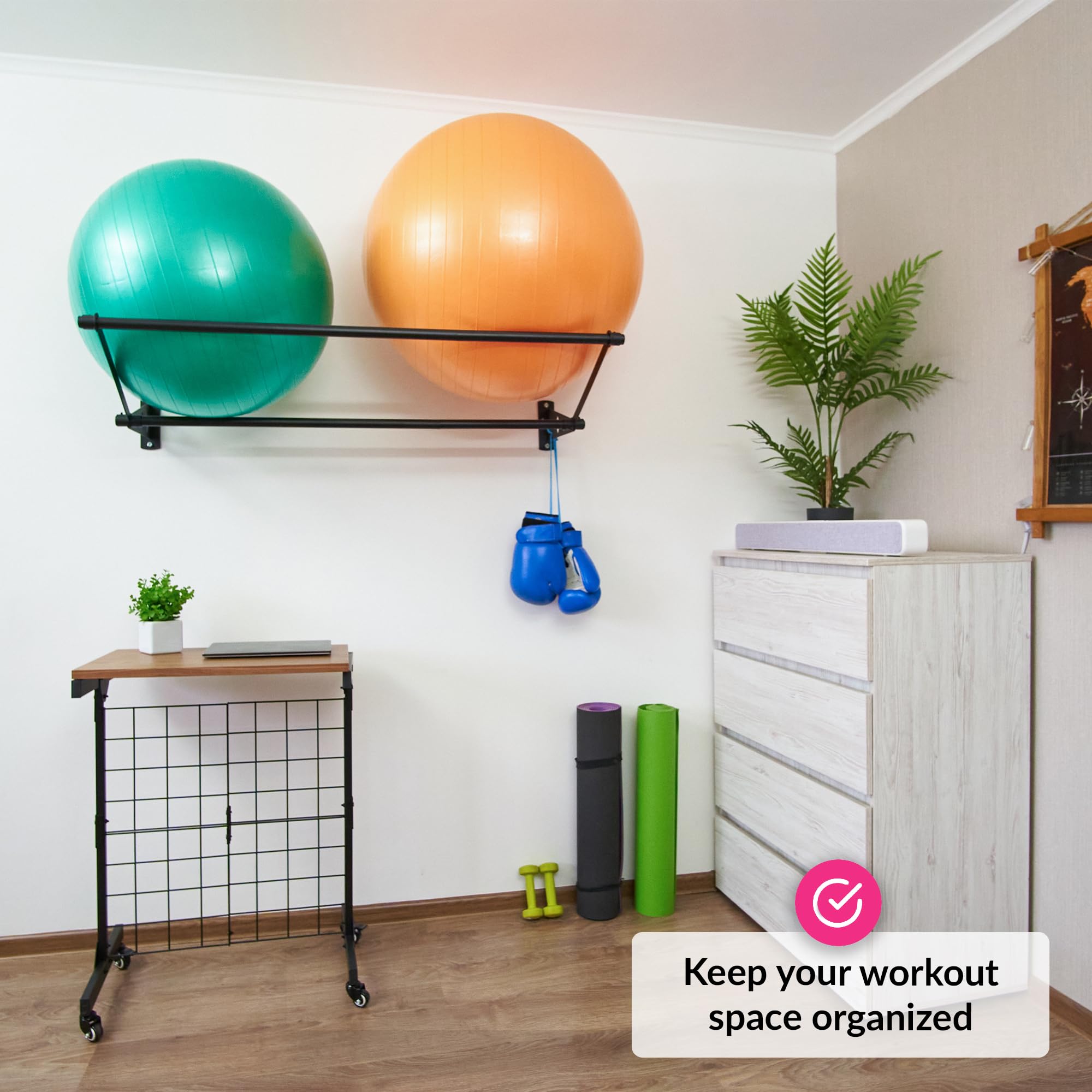 Wall Mounted Exercise Ball Holder - Matte Black Steel Rack