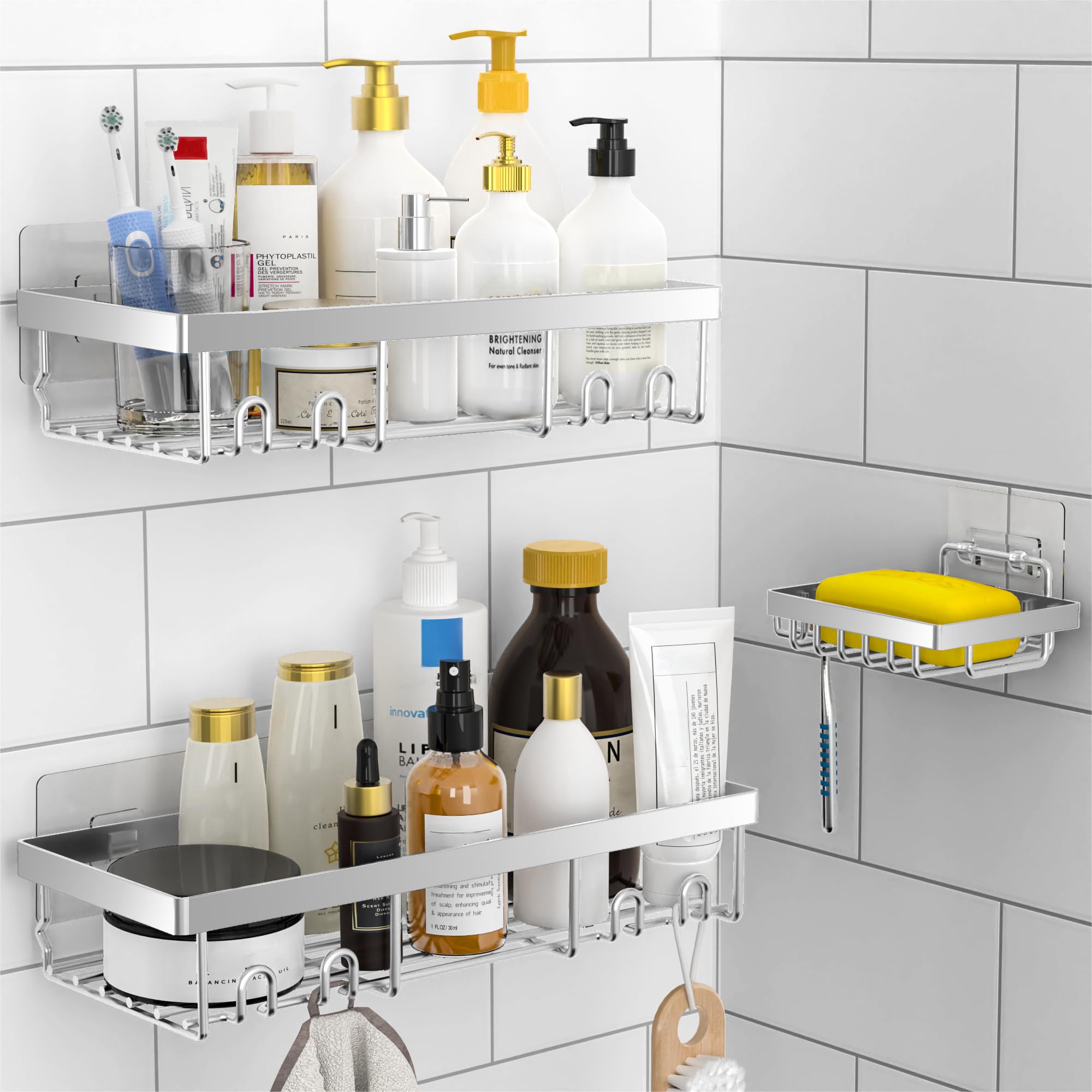 DIFULI Shower Caddy 3-Pack | Rustproof Adhesive Bathroom Shelf Organiser