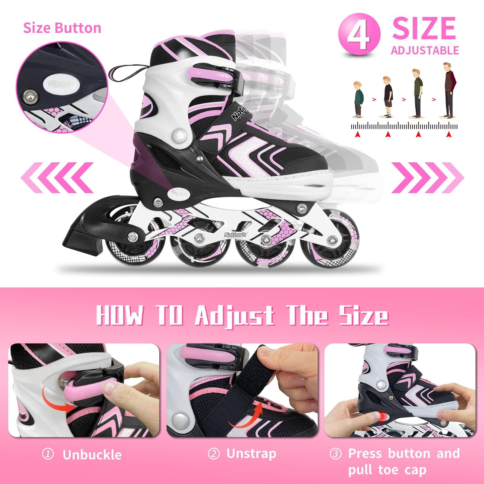 Nattork Kids Adjustable Inline Skates – Light Up Wheels for Girls, Pink