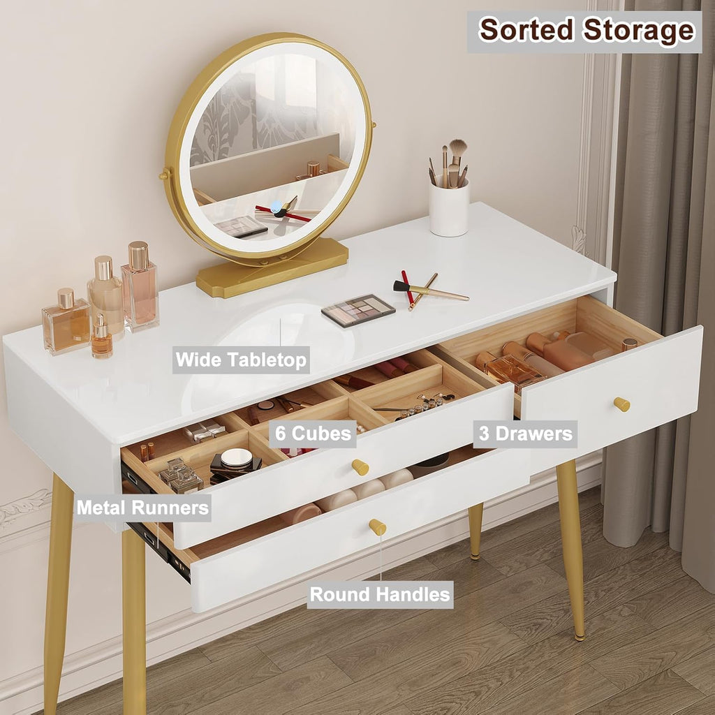 WOLTU Dressing Table with LED Mirror, Adjustable Brightness, White