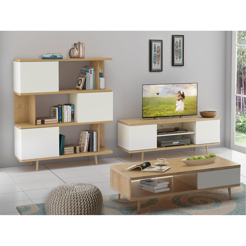 LOFT24 Alandra TV Stand in Oak White, 39x140x52cm DxWxH