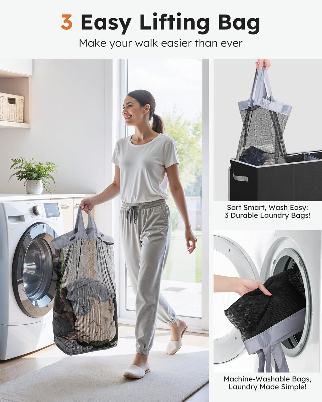 SOLEDI 160L 3-Section Laundry Hamper with Lid | Large Collapsible Sorter