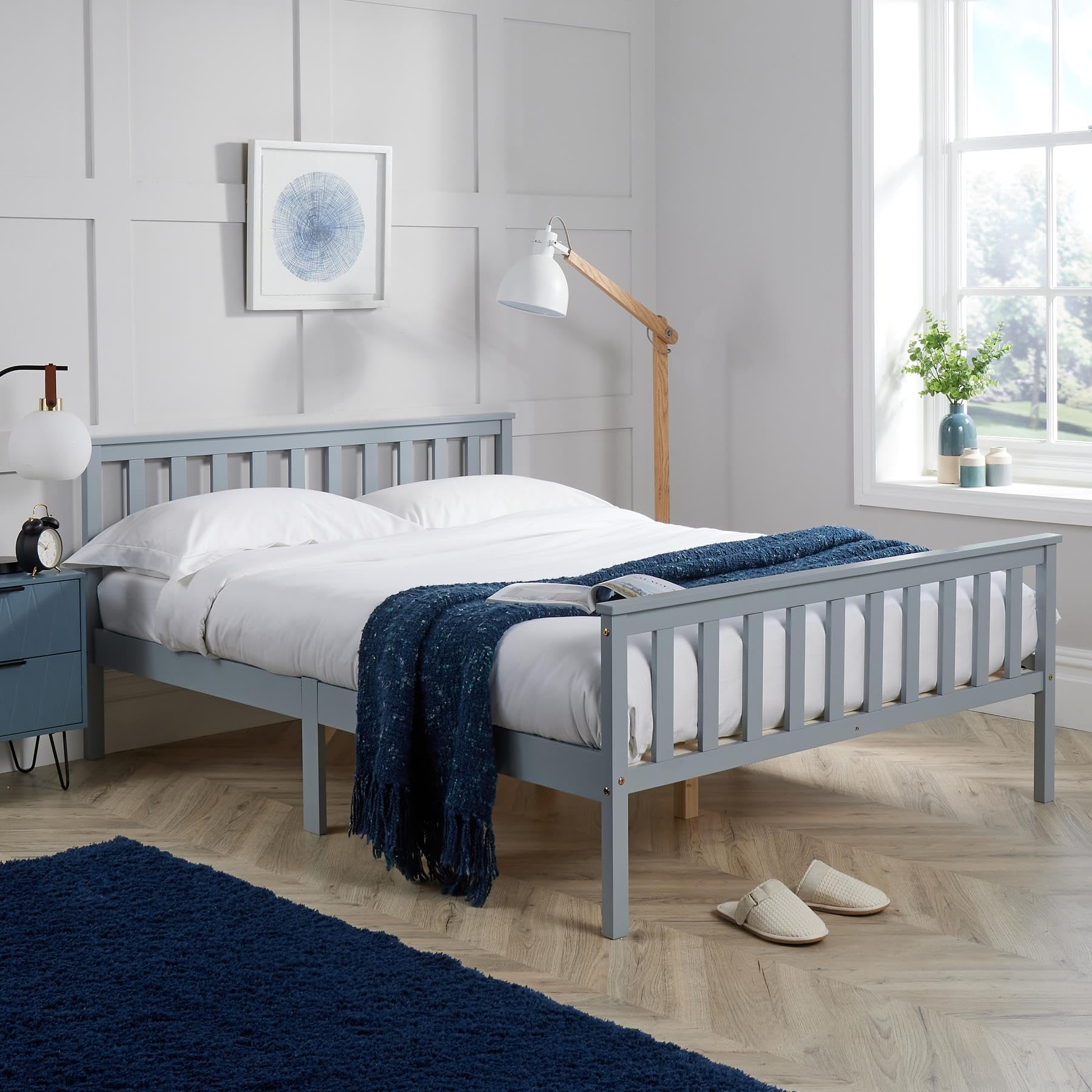 Home Source Florida Shaker Bed Frame | Solid Pine Wood, Grey, 4ft Double