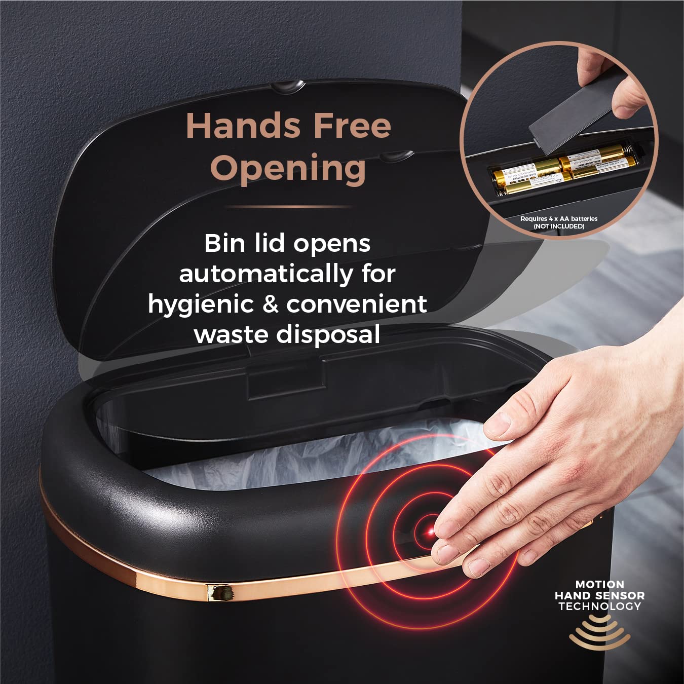 Tower Cavaletto Square Sensor Bin - 58L Large Kitchen Waste Bin, Black