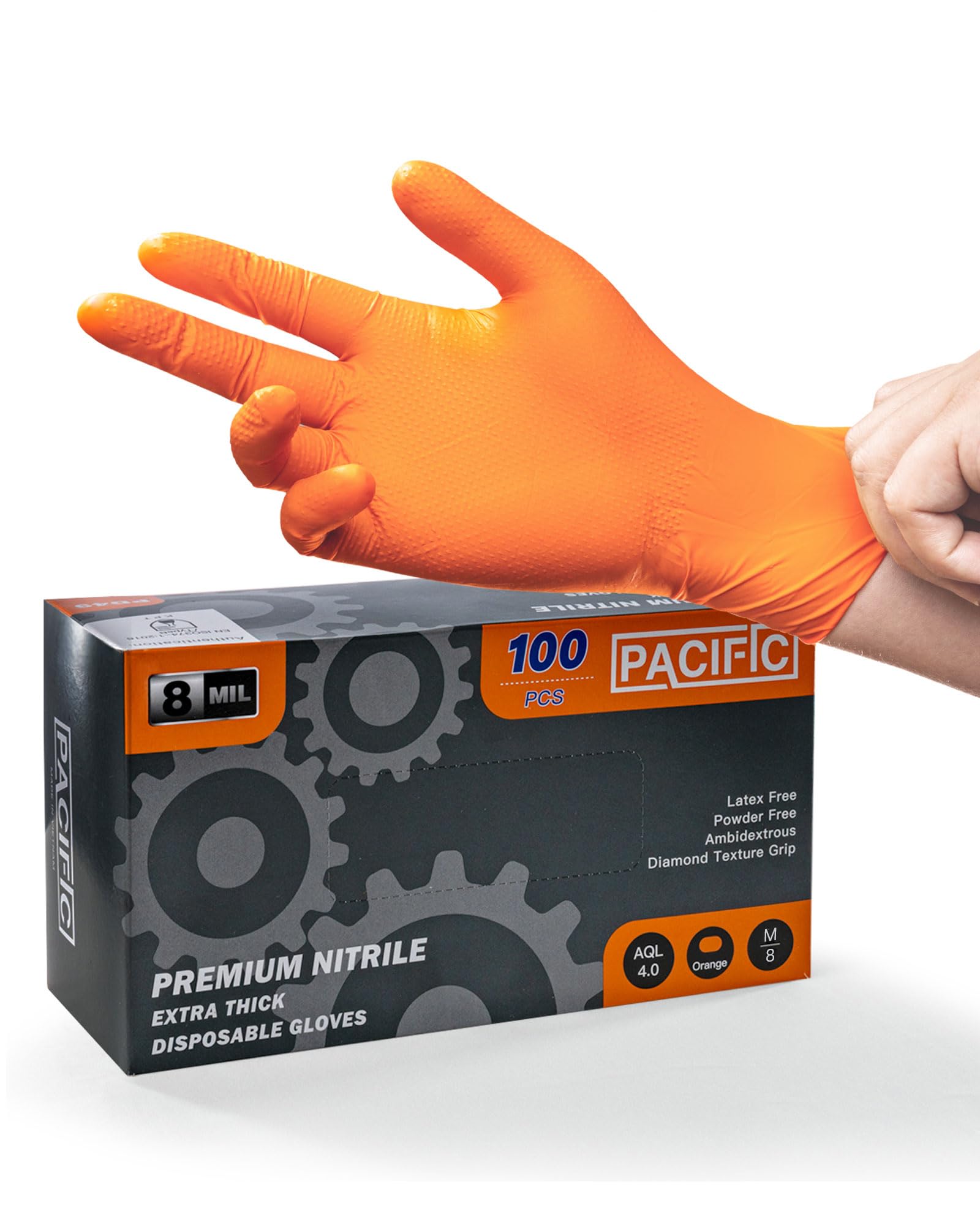 Pacific Orange Nitrile Gloves – Heavy-Duty Diamond Textured, Medium