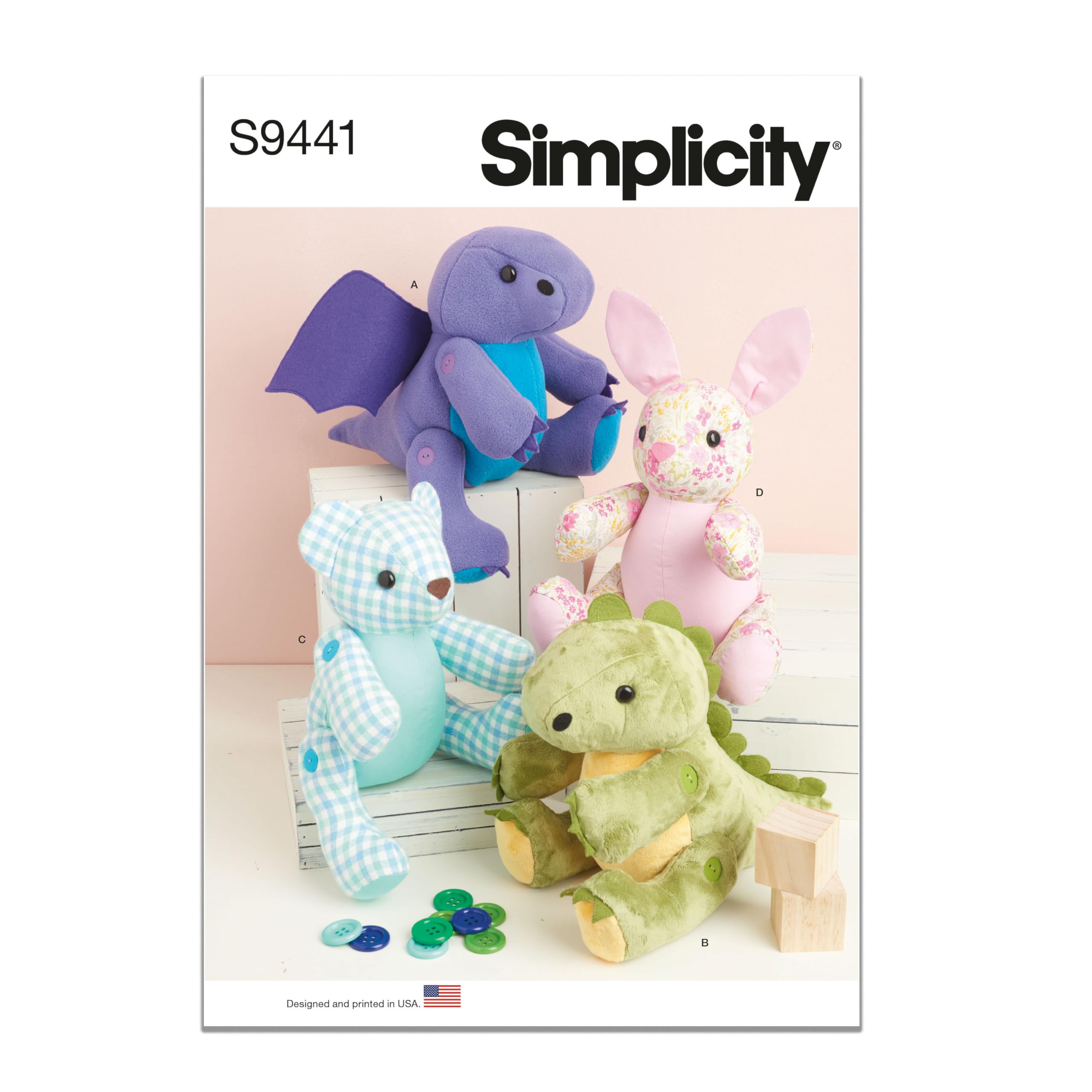 Simplicity S9441 Sewing Pattern | 13" Stuffed Animal Plushie Kit