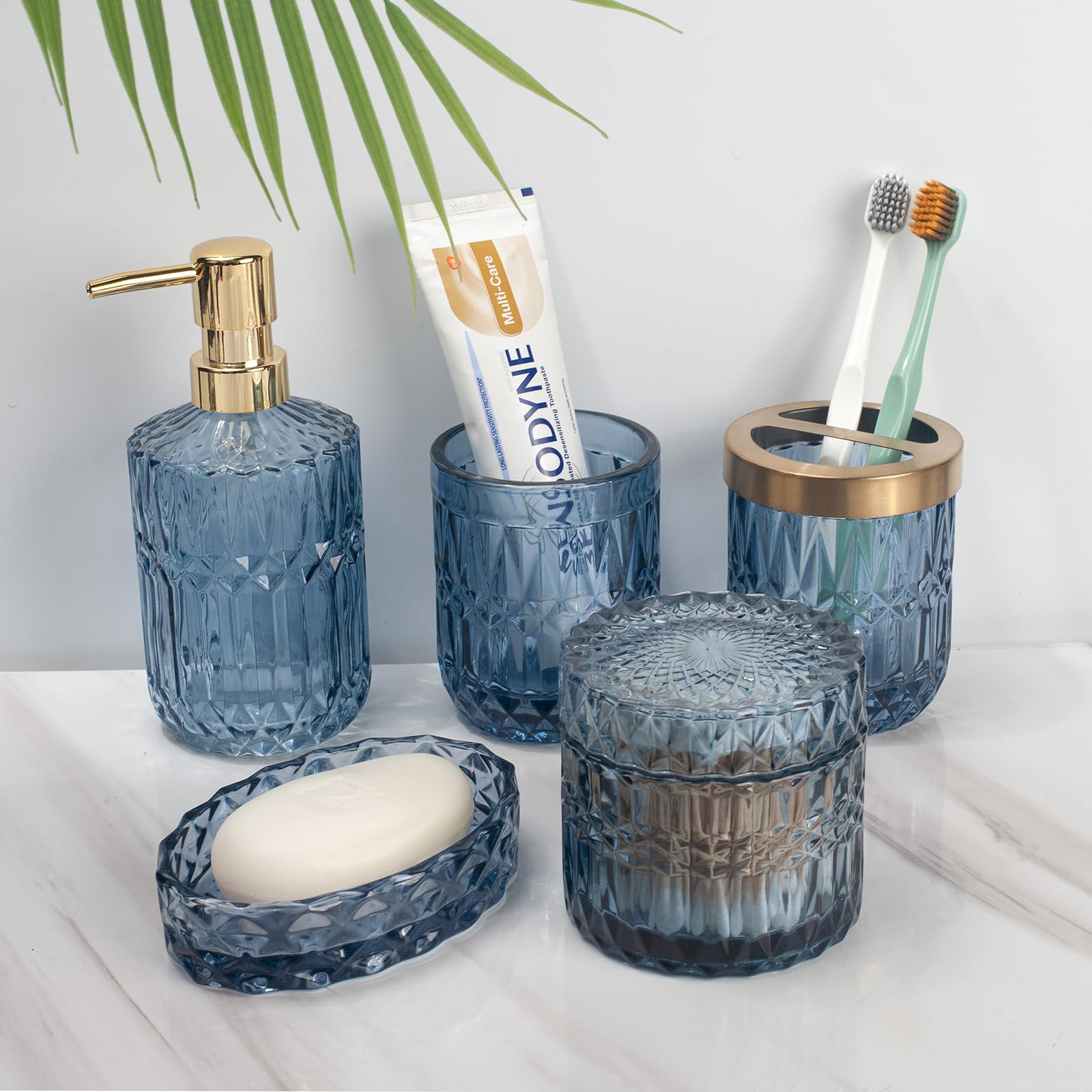 5-Piece Blue Glass Bathroom Accessories Set – Vintage Diamond Cut