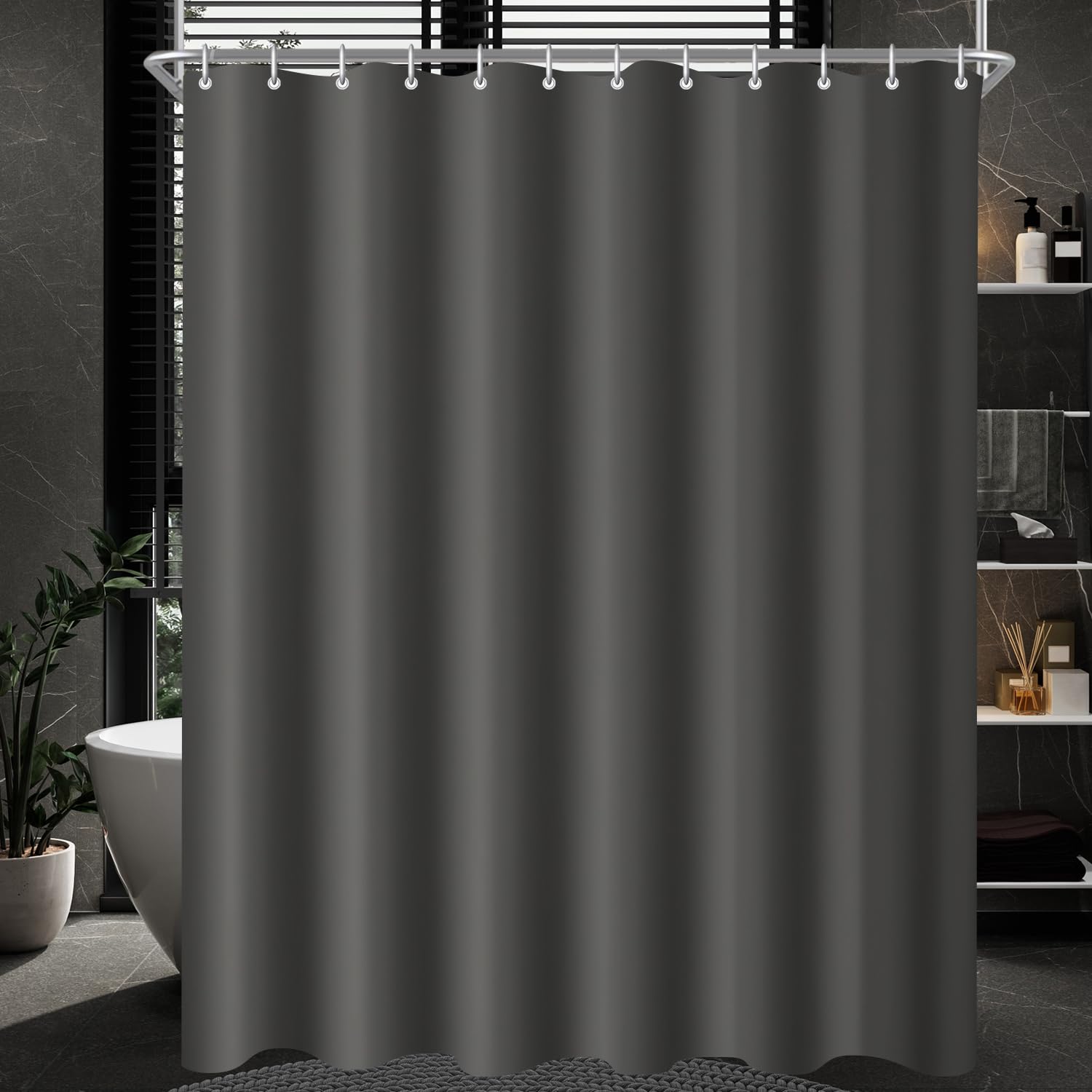 Lerores Shower Curtain – 180x220cm Anti-Mould Weighted Hem Dark Grey