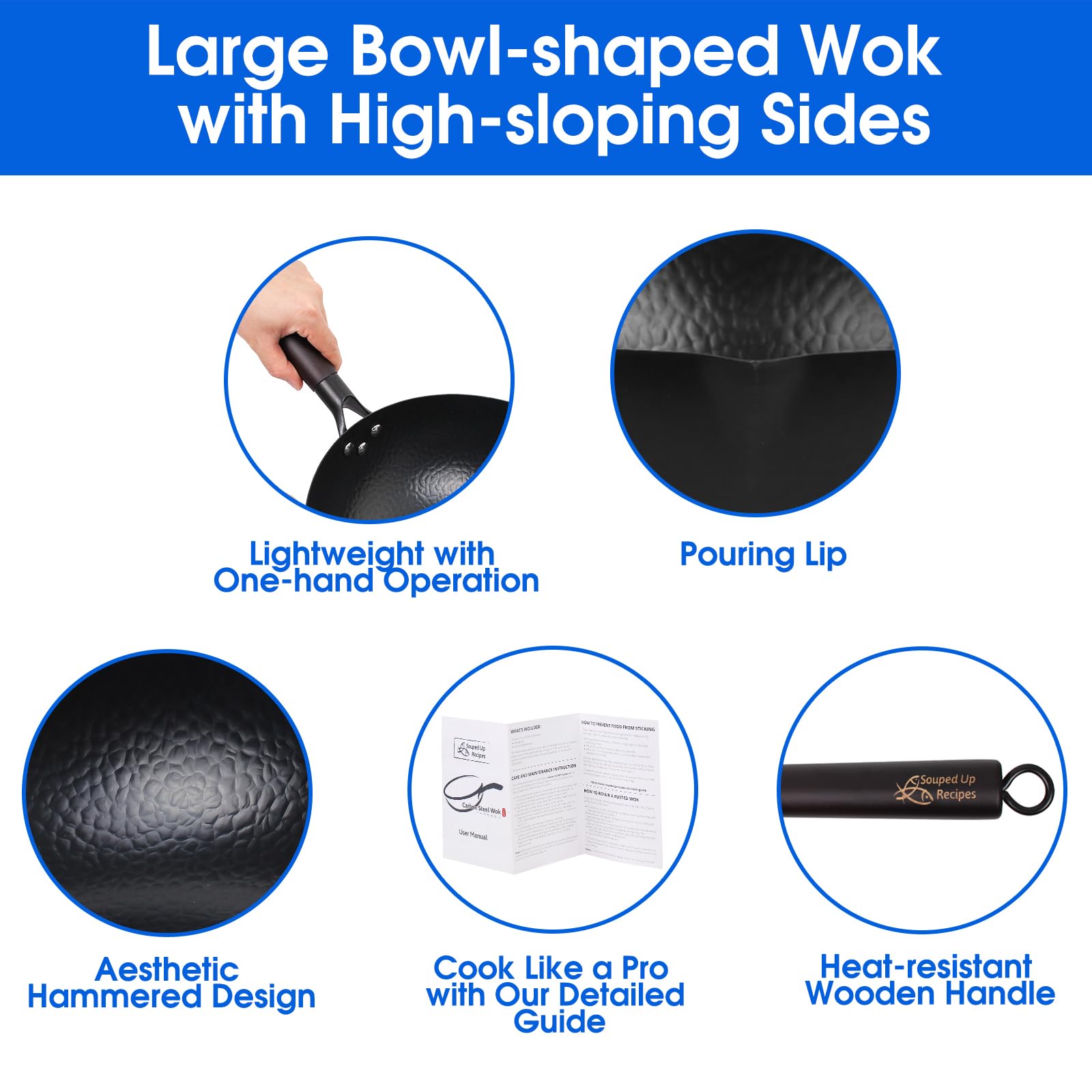 Souped Up Recipes 13.4 Inch Carbon Steel Wok with Lid and Spatula