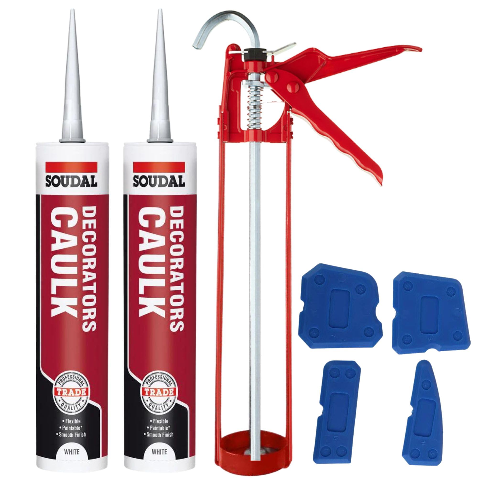 Soudal White Decorators Caulk Bundle – Sealant Gun & Smoothing Tool