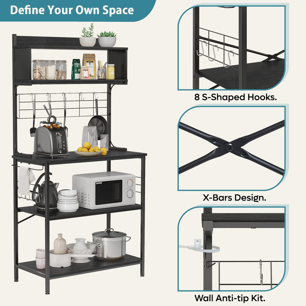 Bestier 80cm Bread Rack & Microwave Rack with 4 Shelves, Multi-functional Coffee Bar Shelf, 8 Side Hooks, Open Shelf Suitable for Kitchens - image 1