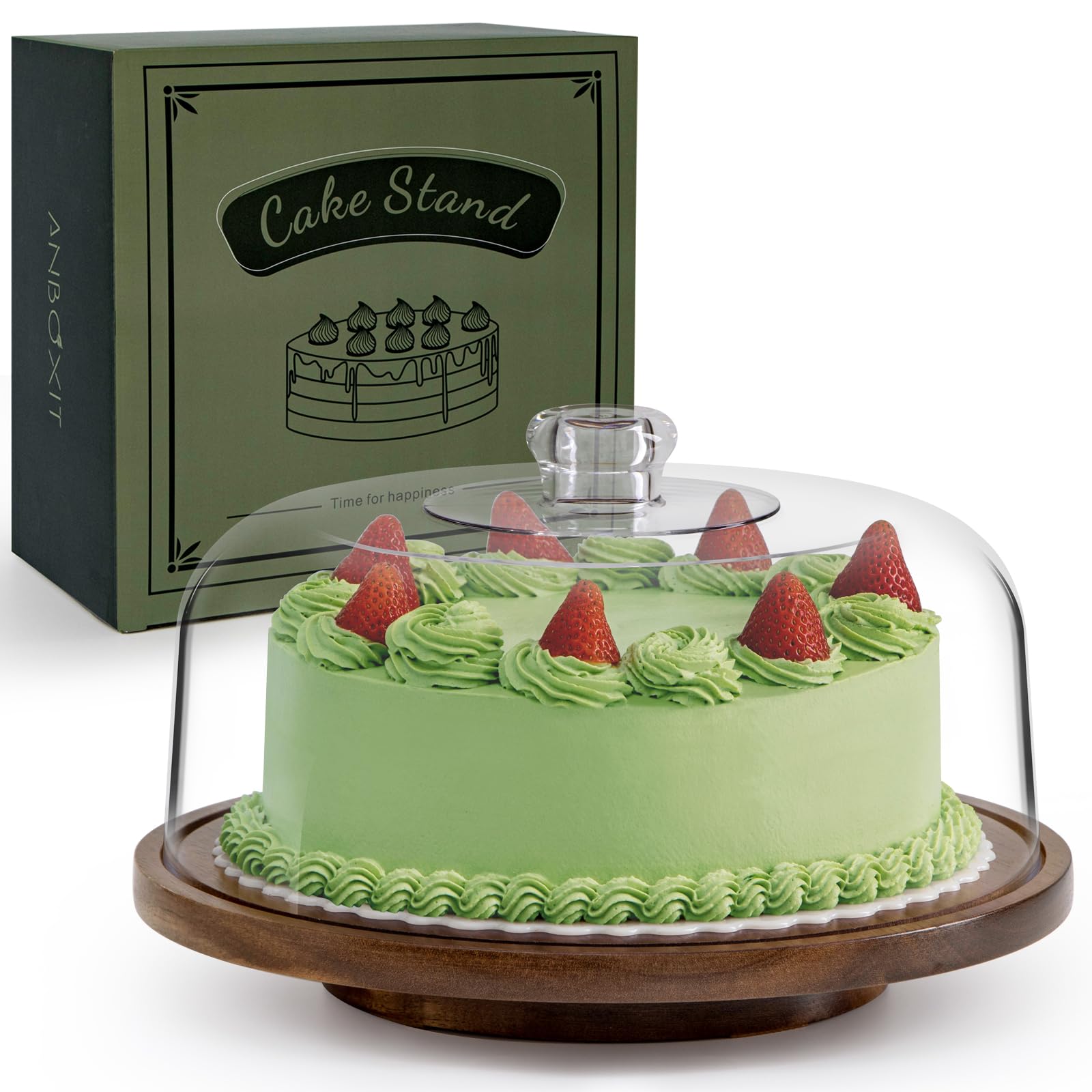 ANBOXIT Acacia Wood Rotating Cake Stand with Acrylic Dome Lid – 360° Base