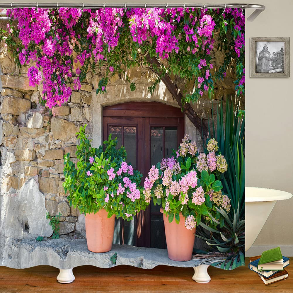 JIANGLANY Italian Garden Shower Curtain | 3D Floral Stonewall Fabric