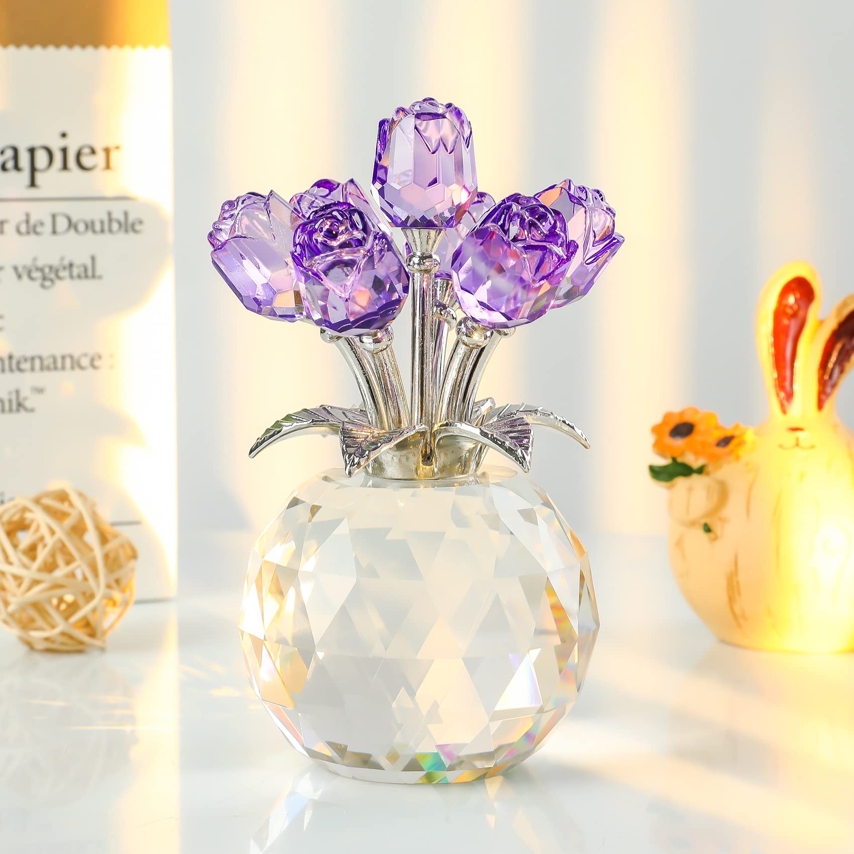 Crystal Purple Rose Bouquet – K9 Glass Floral Ornament Gift