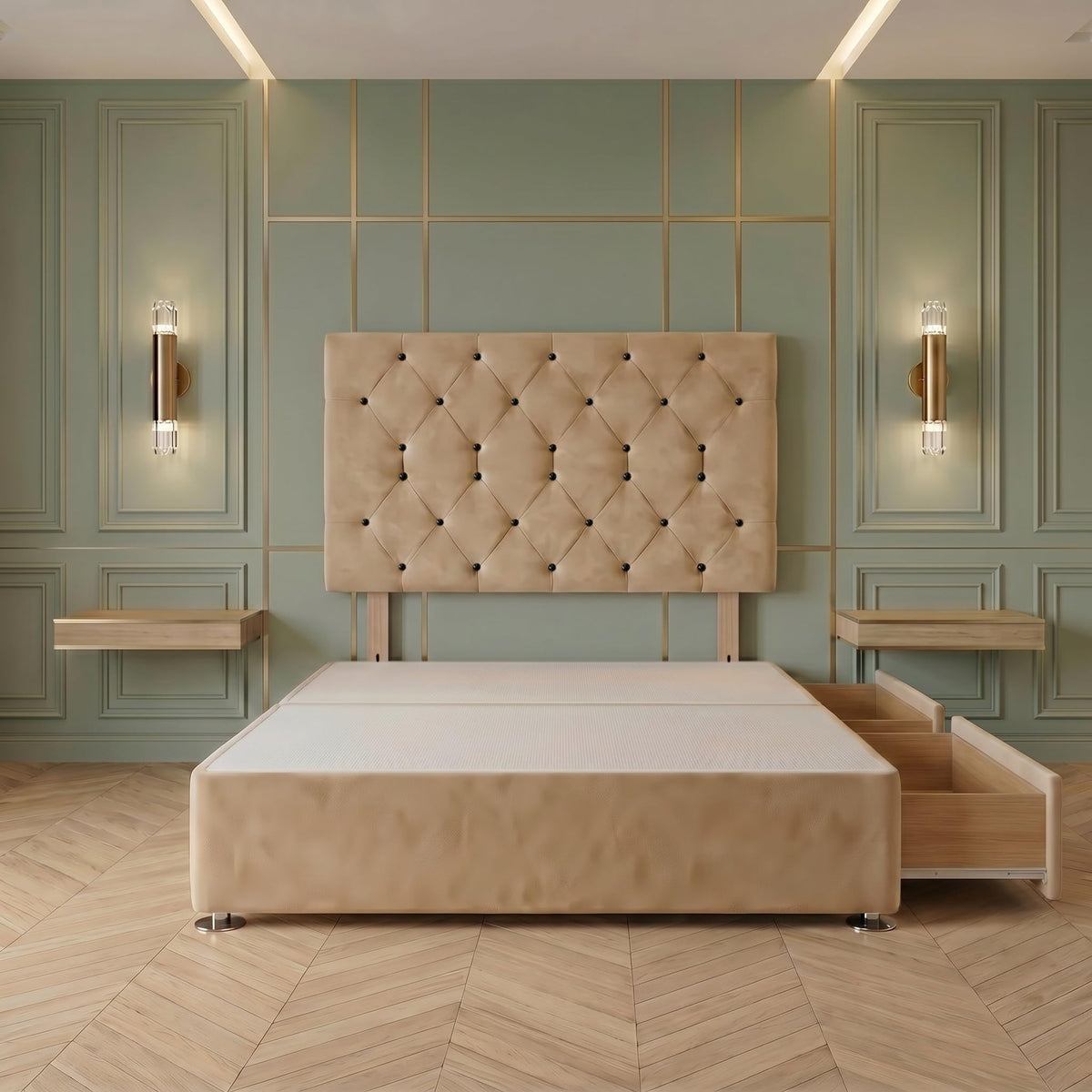 Bed Centre Premier Divan Base with 2 Drawers and Matching Headboard - Available in Multiple Fabrics and Colours 3FT Single, Plush Beige