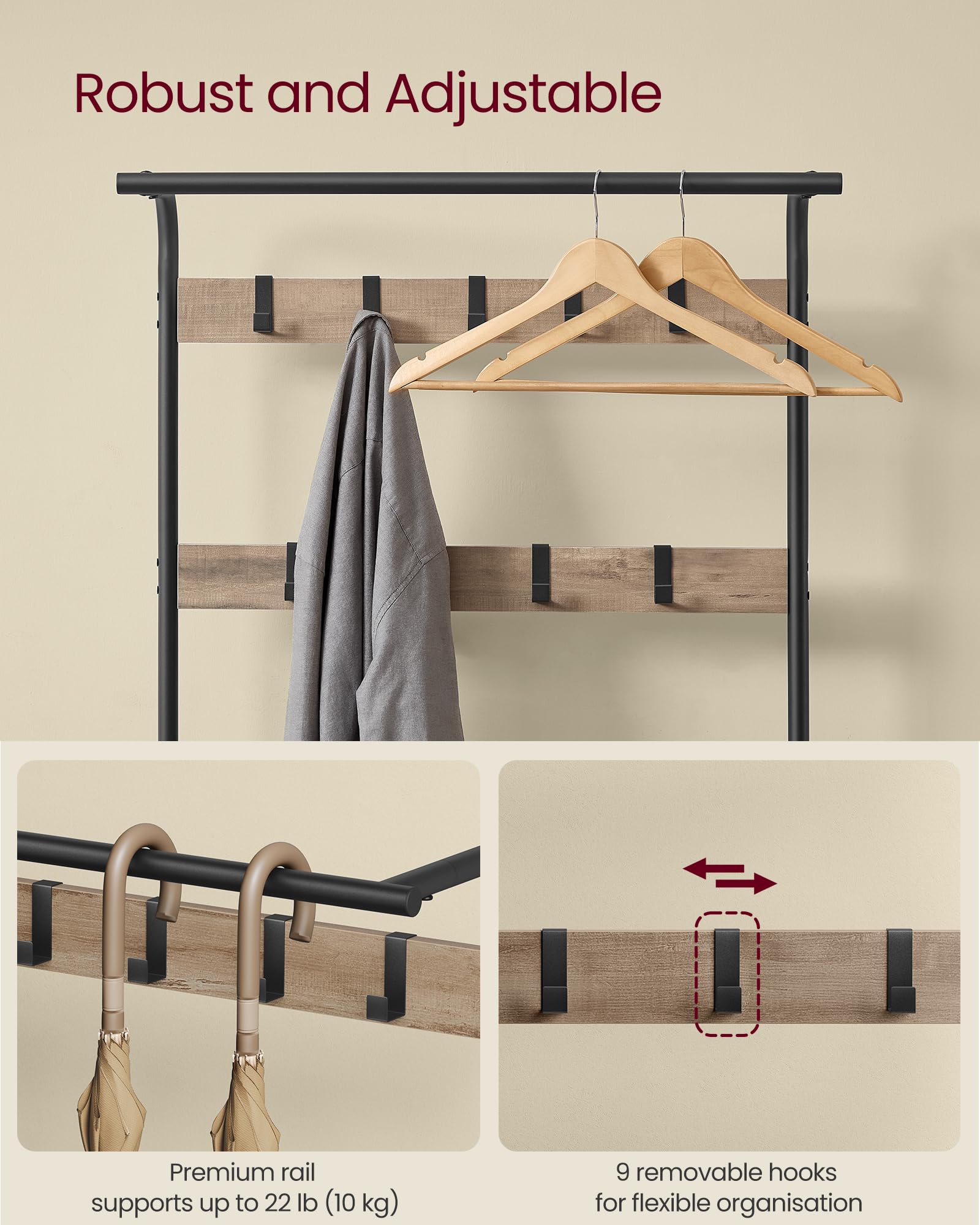 VASAGLE 4-in-1 Coat Rack with Shoe Storage Bench and 9 Hooks – Industrial