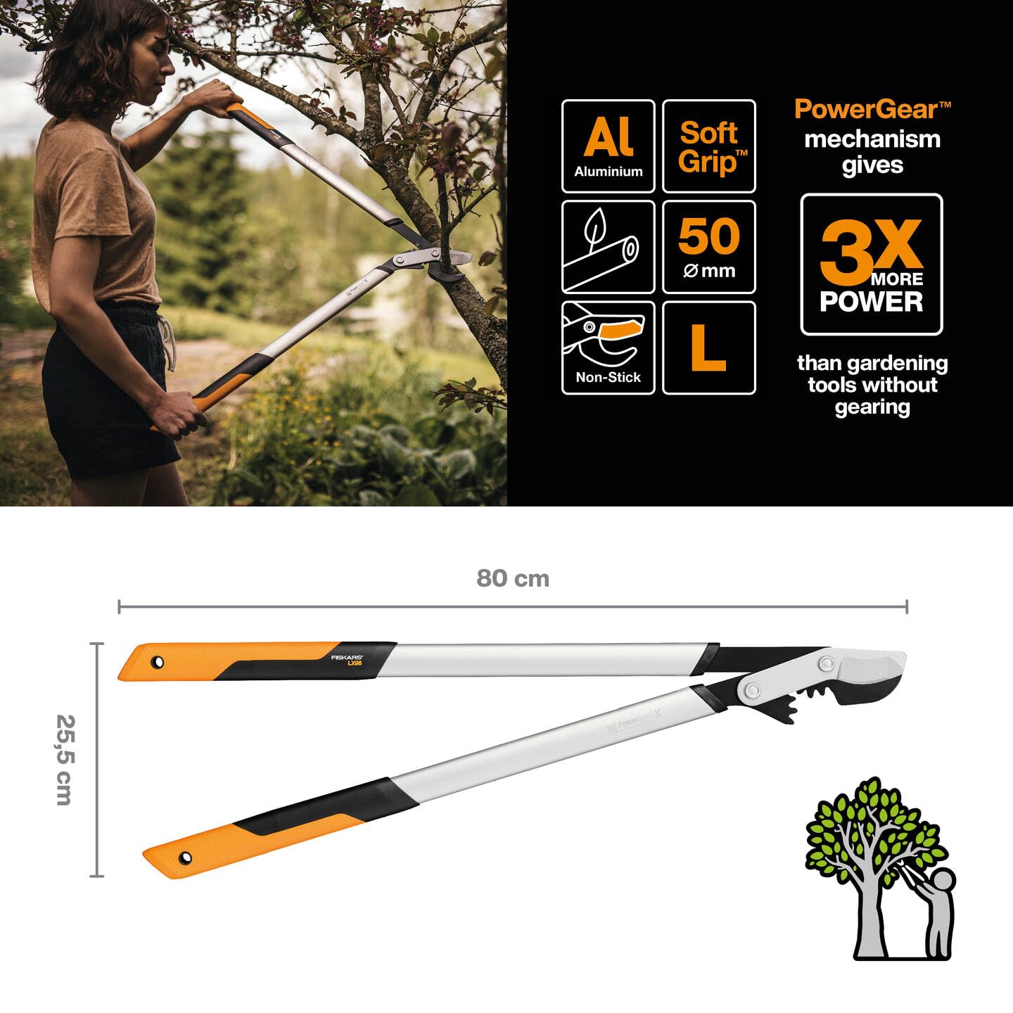 Fiskars PowerGear X LX98 Bypass Loppers – 5cm Cutting Capacity, 80cm