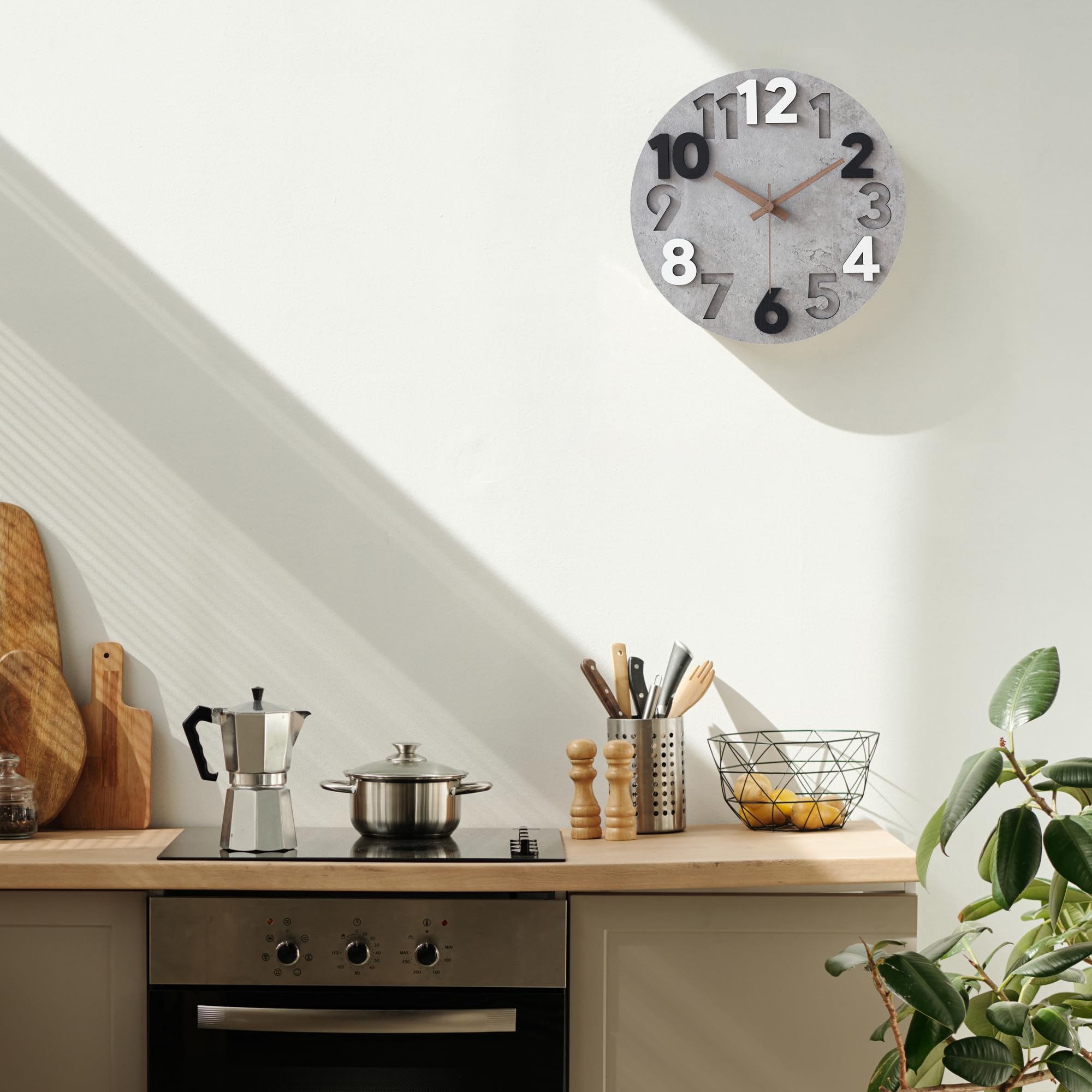 Stellarize 12 Inch Silent Wooden Wall Clock | Modern 3D Grey Decor