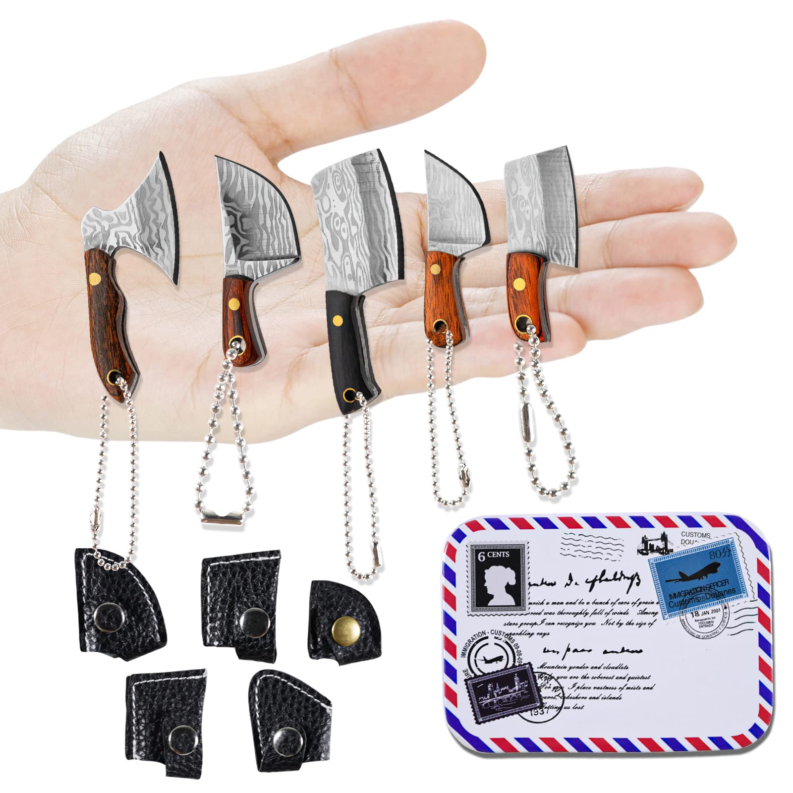 5-Piece Mini Damascus Knife Set – EDC Keychain Tool