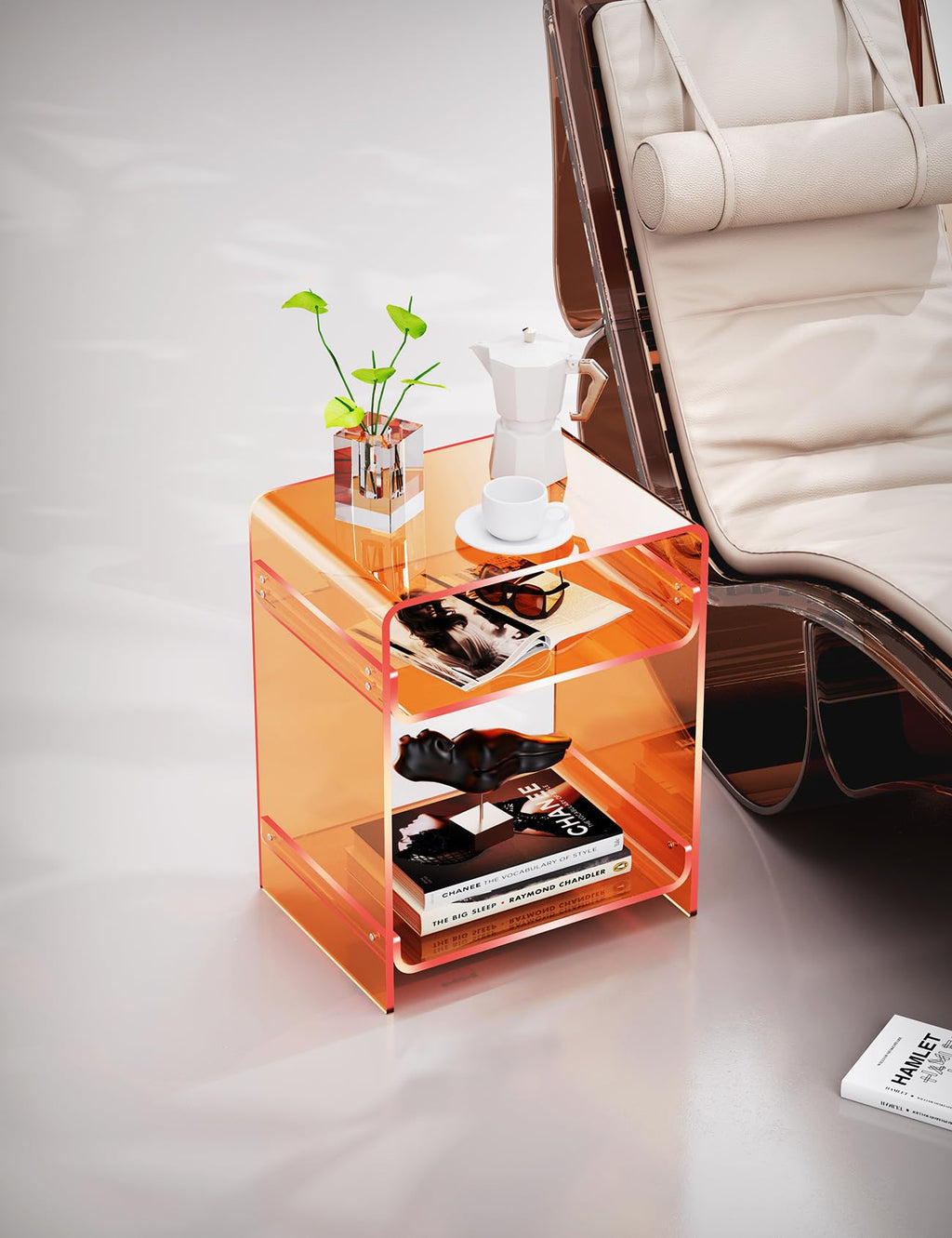 Acrylic End Table with Storage Shelf, Clear Side Table, Record Player Table, Nightstand, 15.7x19.7x11.8 Orange, 40×30×50 cm