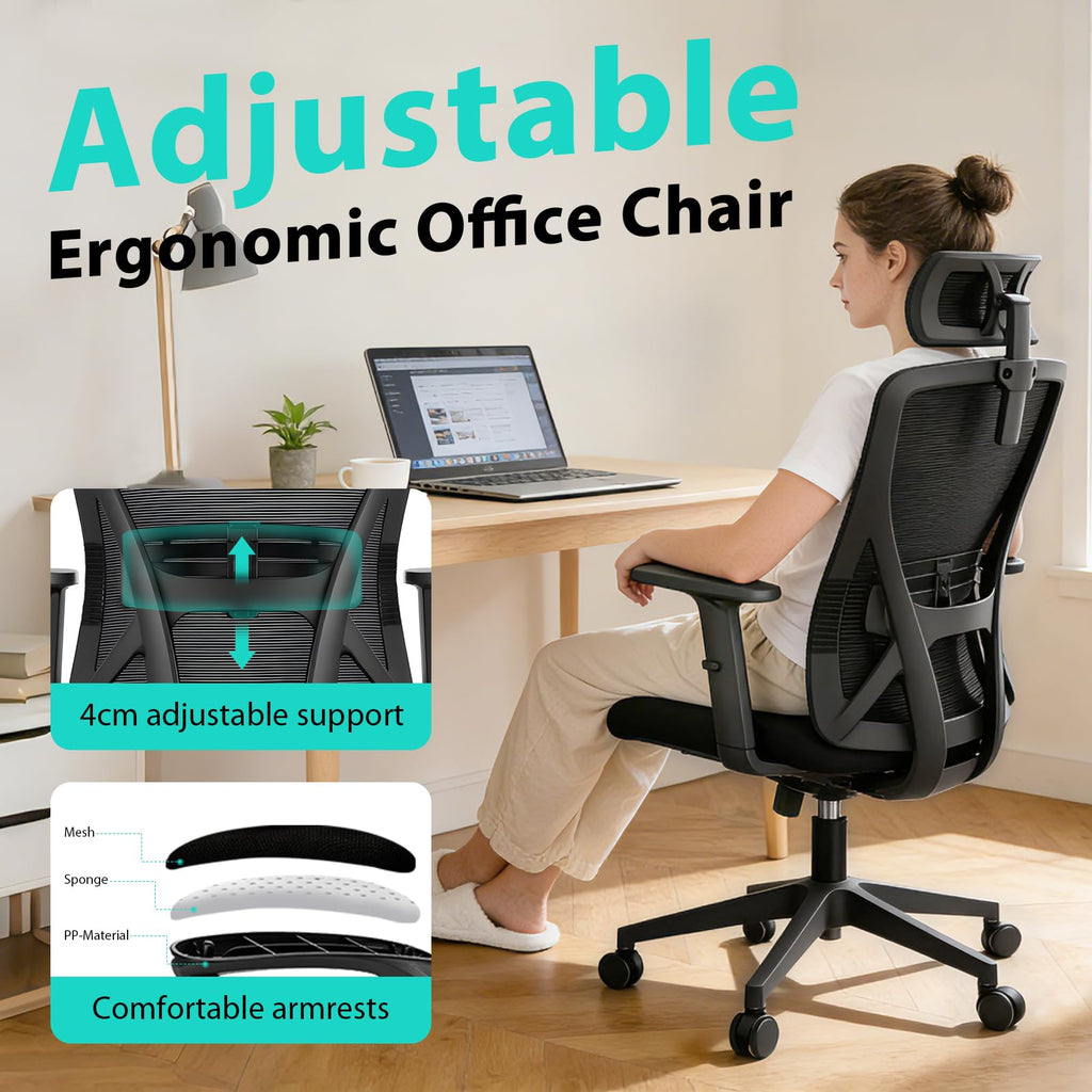 Durrafy Ergonomic Office Chair, Desk Chair with Adjustable Lumbar Headrest and Armrest, Office Chairs Support up to 150 kg - image 3
