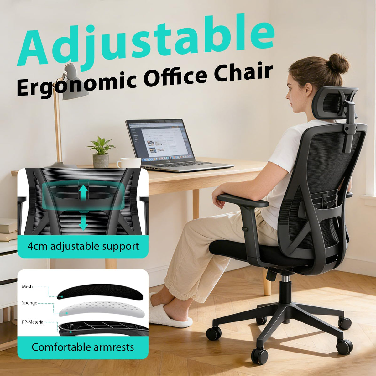 Durrafy Ergonomic Office Chair, Desk Chair with Adjustable Lumbar Headrest and Armrest, Office Chairs Support up to 150 kg - image 3