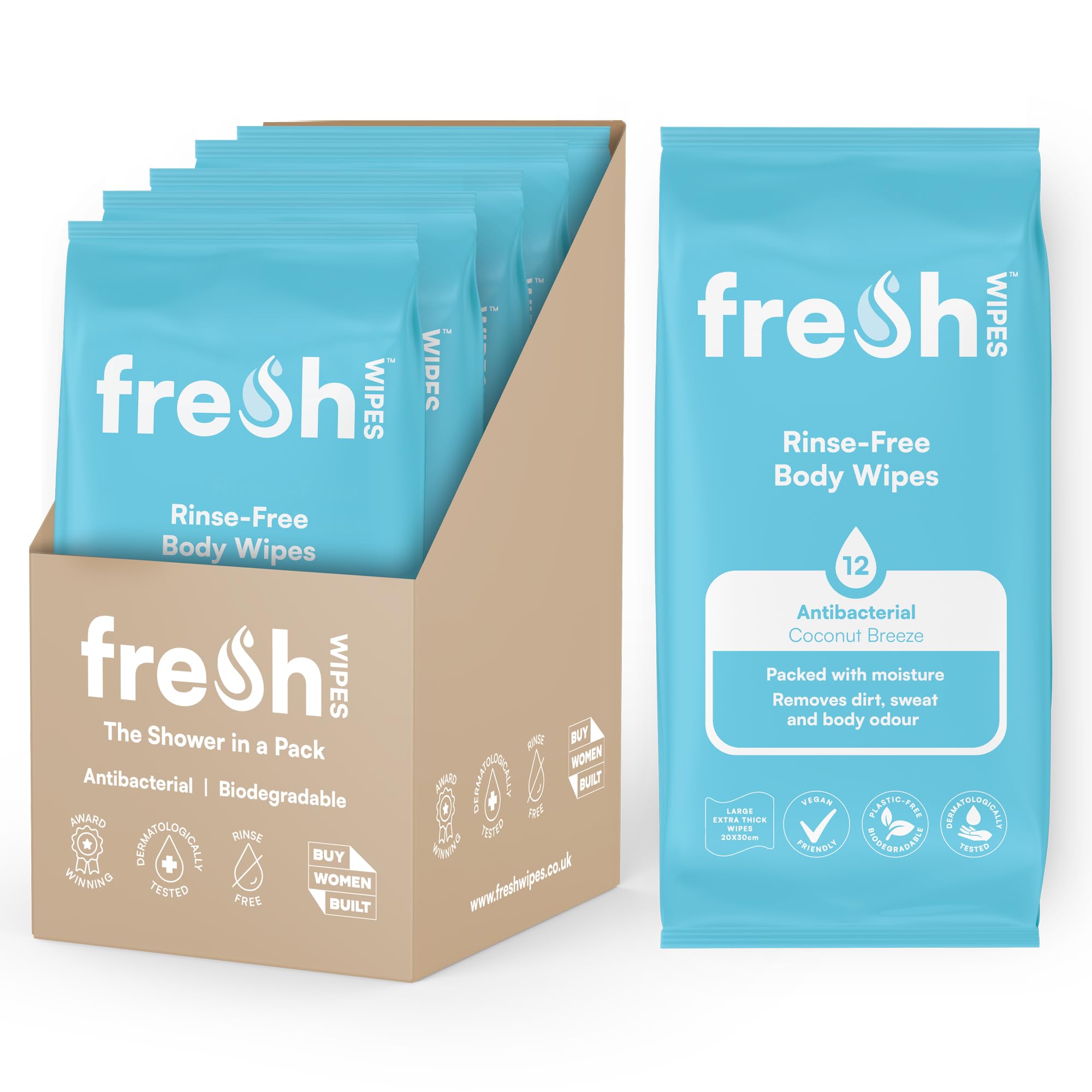 FreshWipes Antibacterial Body Wipes - 5 Pack (60) - Coconut Breeze