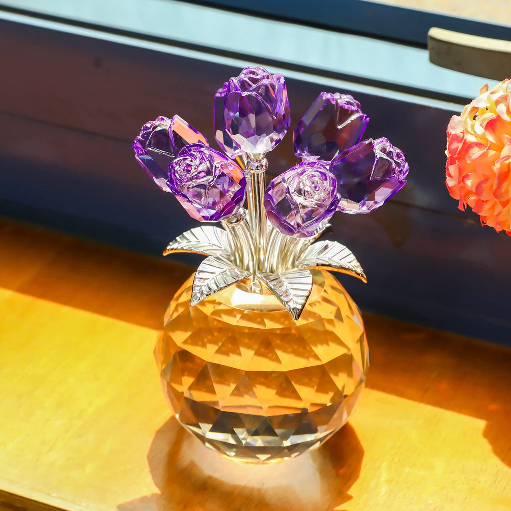 Crystal Purple Rose Bouquet – K9 Glass Floral Ornament Gift