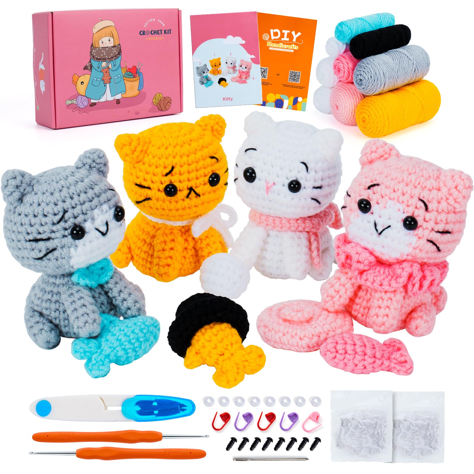 Jolof Store Cat Crochet Kit for Beginners | 4-Piece Amigurumi Animal Set