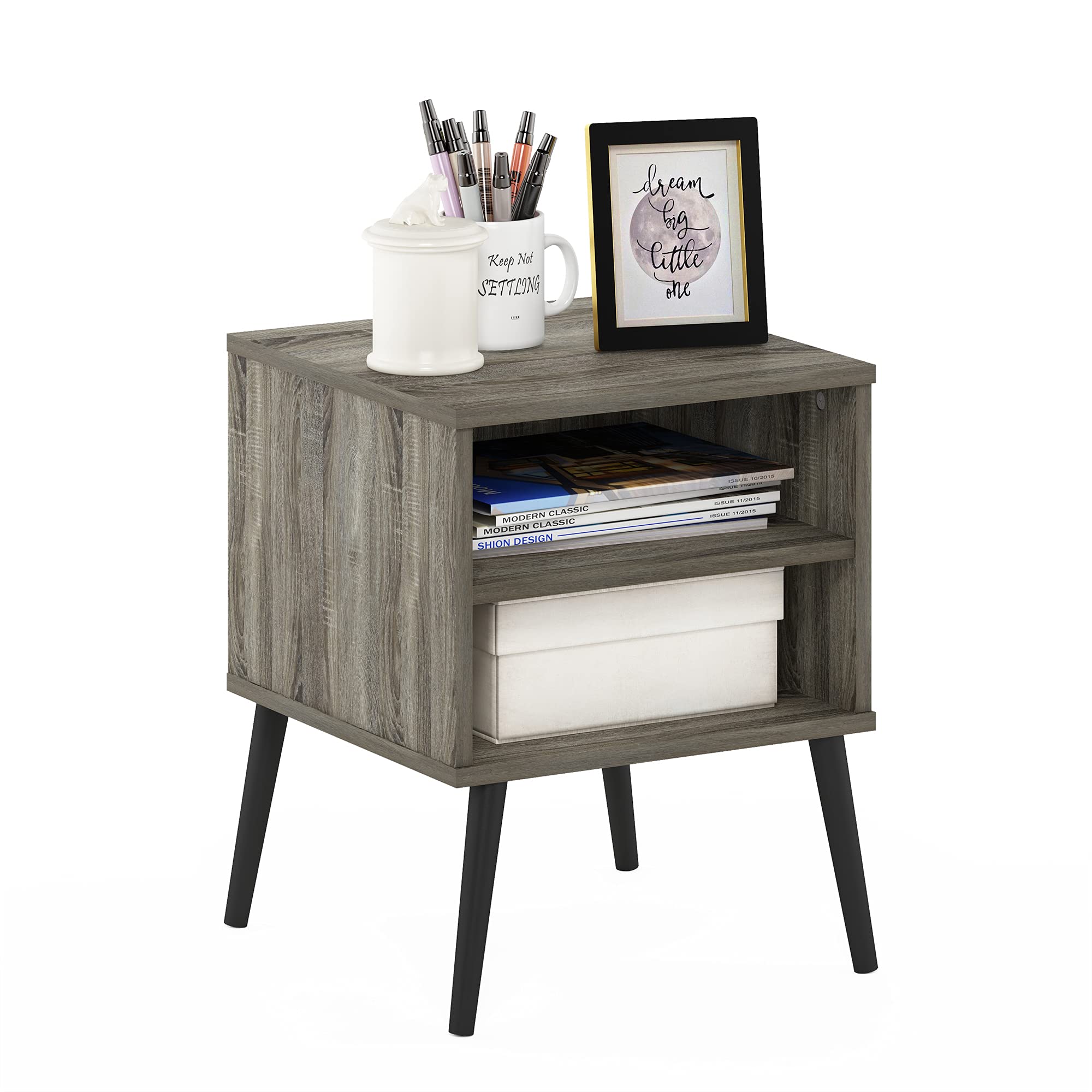 Furinno Claude 2-Tier Side Table | Mid-Century Nightstand, French Oak Grey