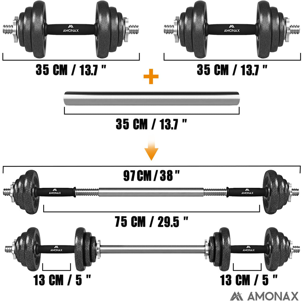 Amonax 20kg Cast Iron Adjustable Dumbbells & Barbell Set for Home Gym