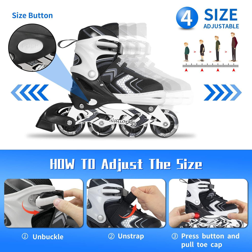Nattork Kids Adjustable Inline Skates with Light Up Wheels – Black Size M