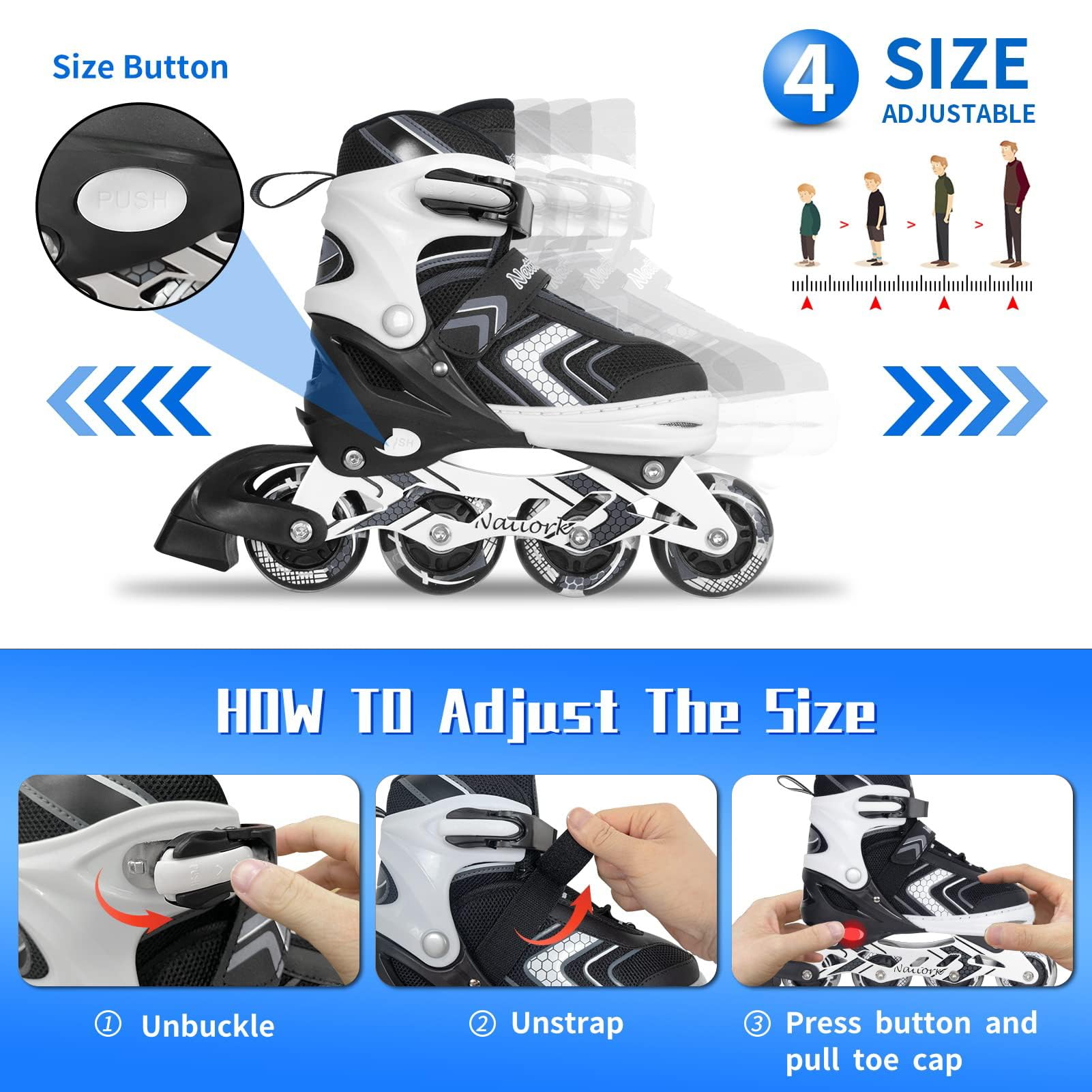 Nattork Kids Adjustable Inline Skates with Light Up Wheels – Black Size M