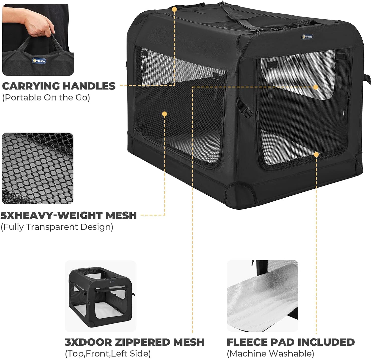 Veehoo 28-Inch Soft Dog Crate | Foldable 3-Door Travel Pet Kennel