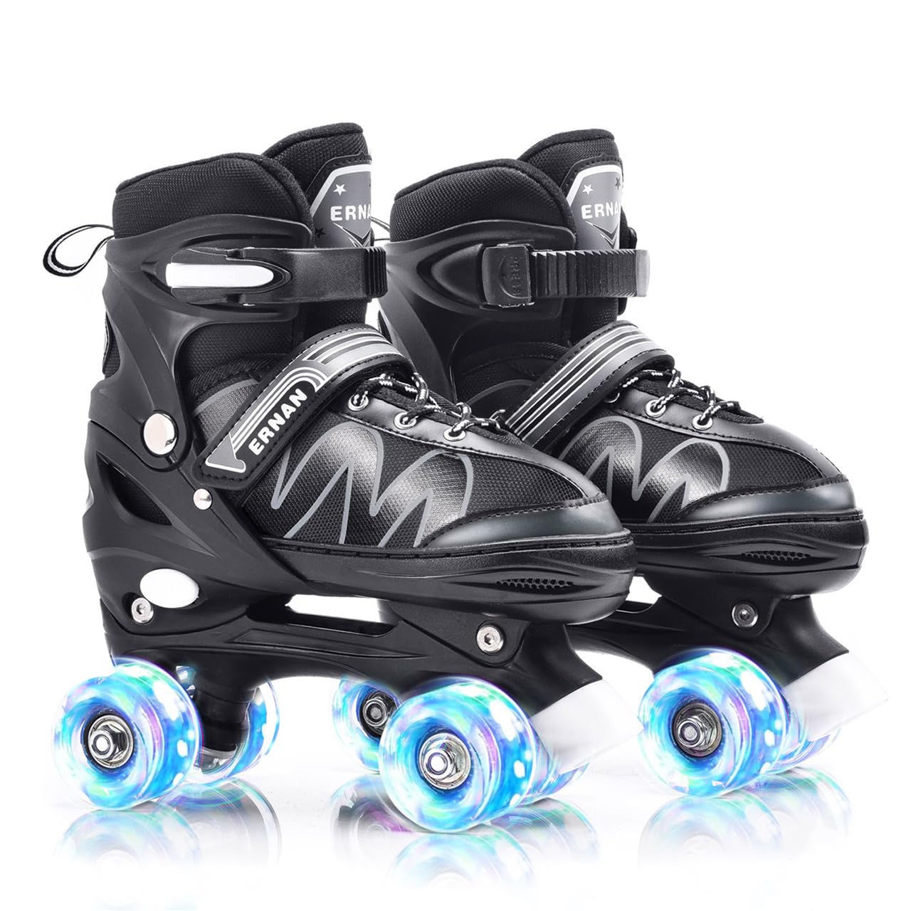 ERNAN Kids Adjustable Roller Skates | 8 Light Up Wheels - White, Small