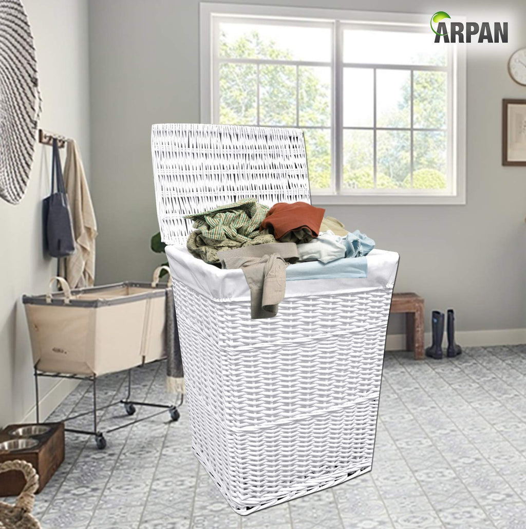 Arpan Large White Wicker Laundry Basket | 85L Hamper with Washable Liner