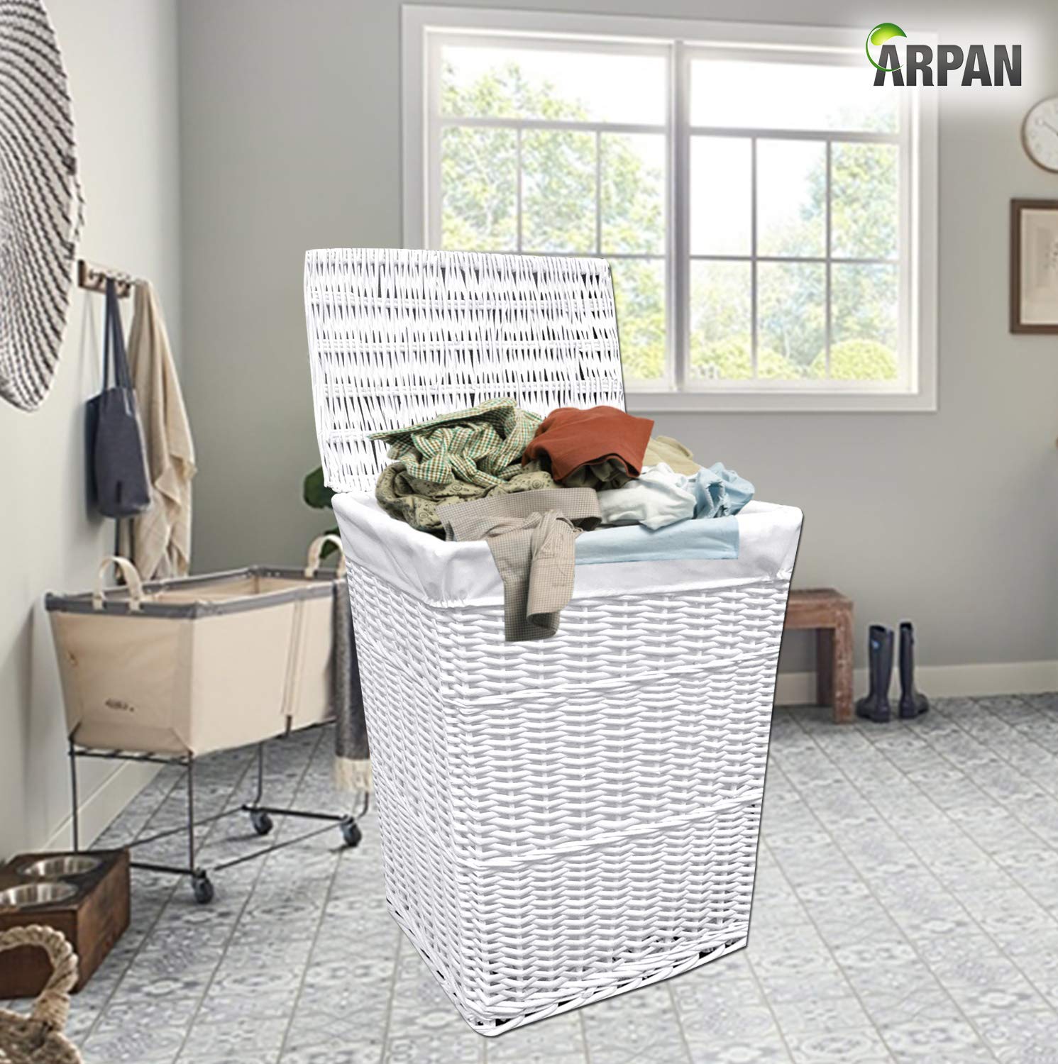 Arpan Large White Wicker Laundry Basket | 85L Hamper with Washable Liner