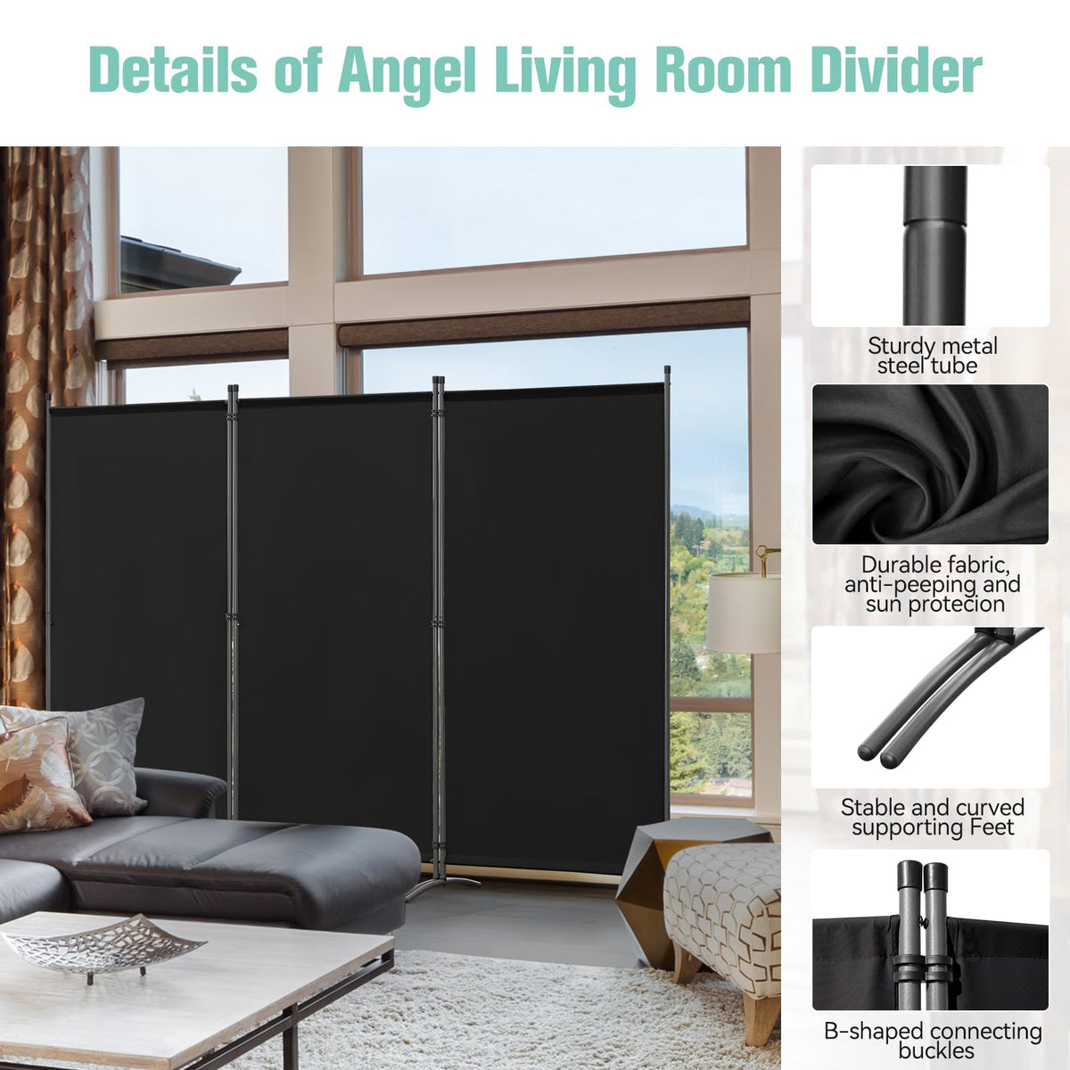Angel Living 3 Panels Folding Room Divider | Privacy Screen with Polyester Fabric & Sturdy Iron Frame | Freestanding Partition for Office, Bedroom - image 2