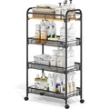 KINGRACK 4-Tier Rolling Cart with Wooden Tabletop & Mesh Baskets, Slide Out Metal Utility Cart