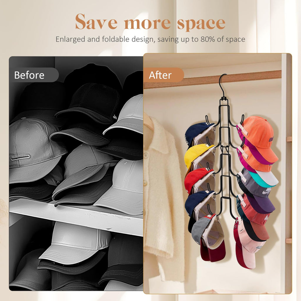 Hat Organizer for Closet, Collapsible Caps Rack with 10 Rotatable Large Hooks, Holds Up to 40 Baseball Caps - image 3
