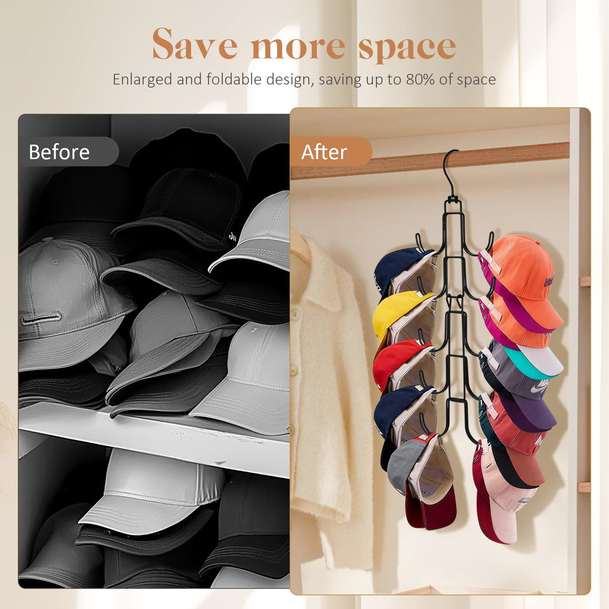Hat Organizer for Closet, Collapsible Caps Rack with 10 Rotatable Large Hooks, Holds Up to 40 Baseball Caps - image 3