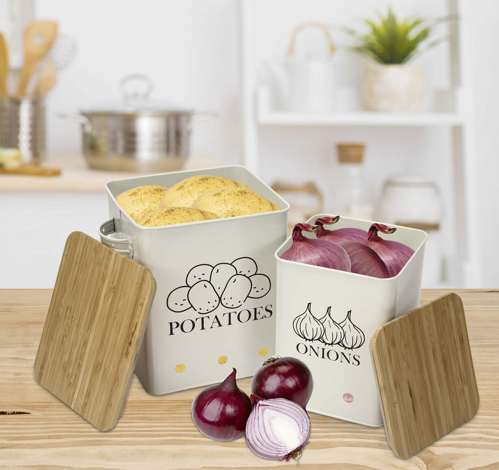 Xbopetda Potato and Onion Storage Tins – 2pc Metal Pantry Organiser