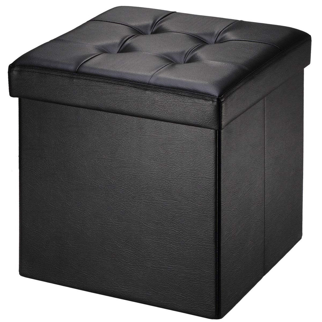 BRIAN & DANY Folding Ottoman Storage Box with Lid, Faux Leather Footstool Toy Storage Box Storage Seat 38 x 38 x 38 cm Black