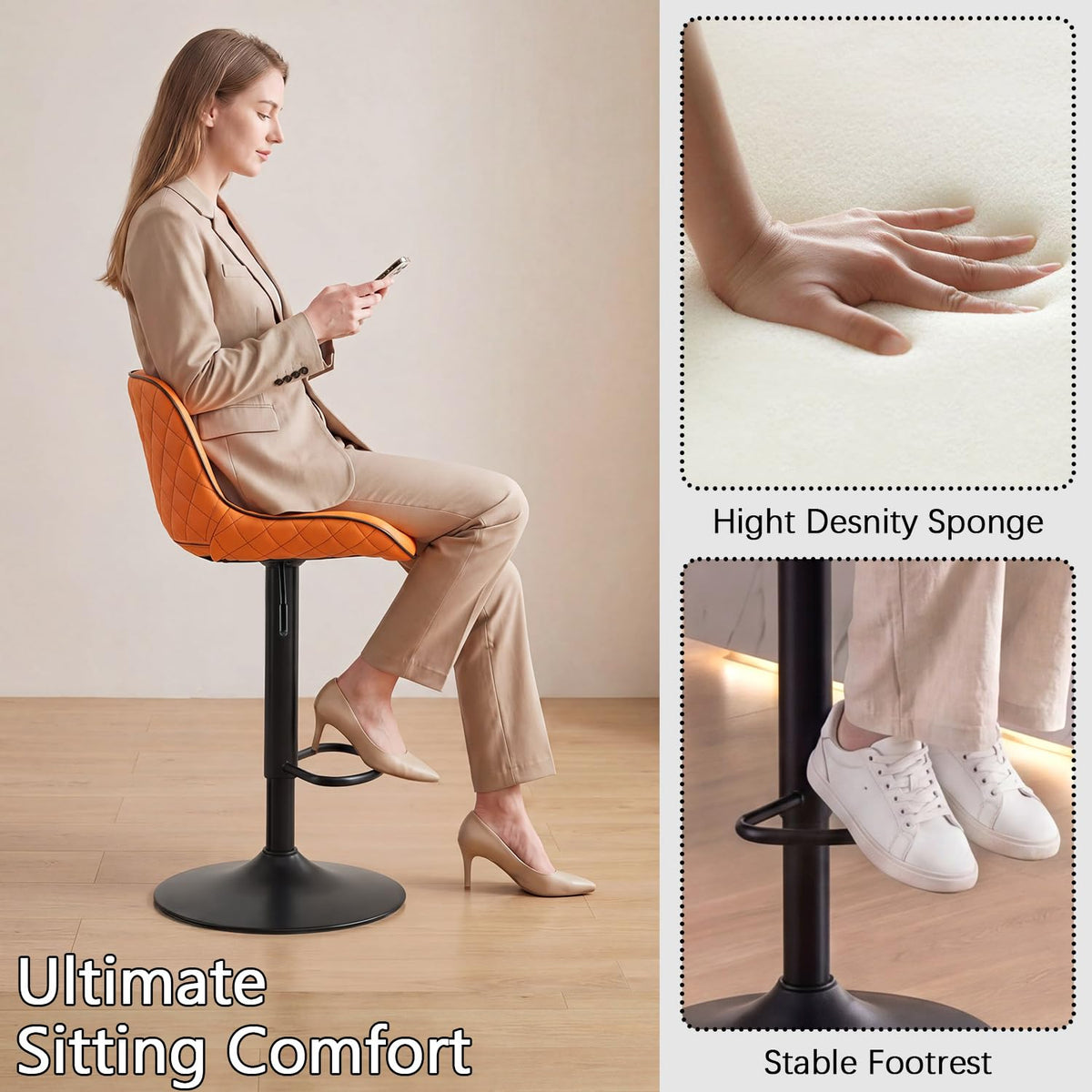 YOUNUOKE Orange Bar Stools Set of 2 Modern Counter Height Barstool - image 4
